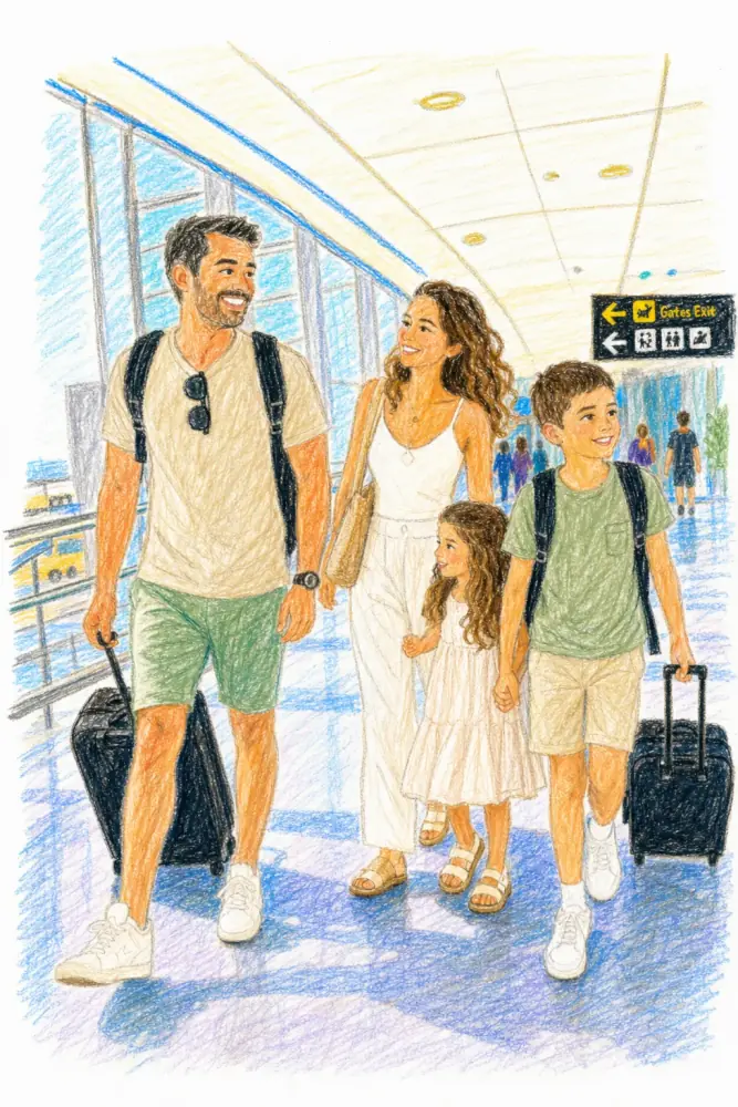 Page modèle de l'Album Pinso : la photo de famille redessinée en couleur