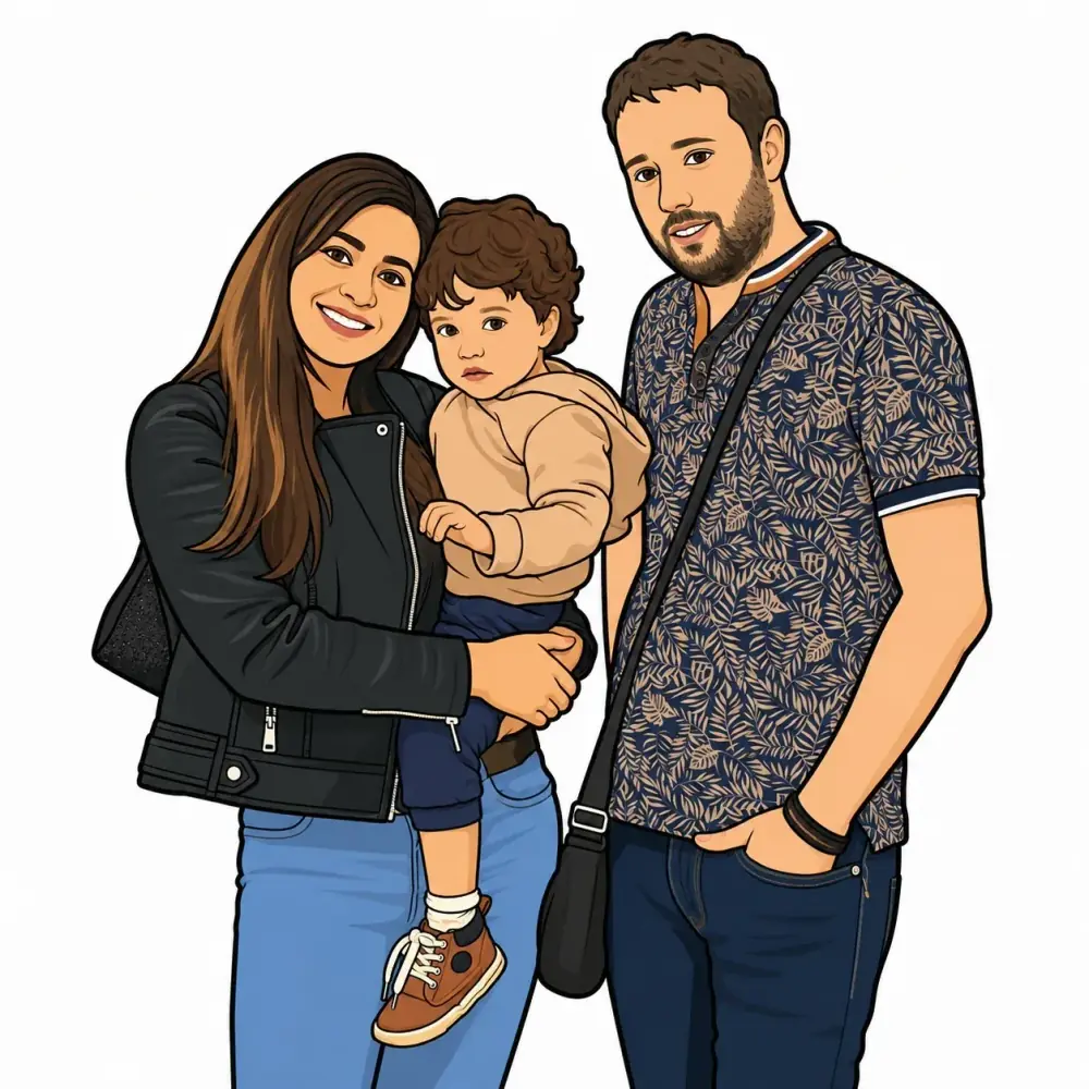 Page modèle des points à relier : la photo de famille redessinée en illustration couleur