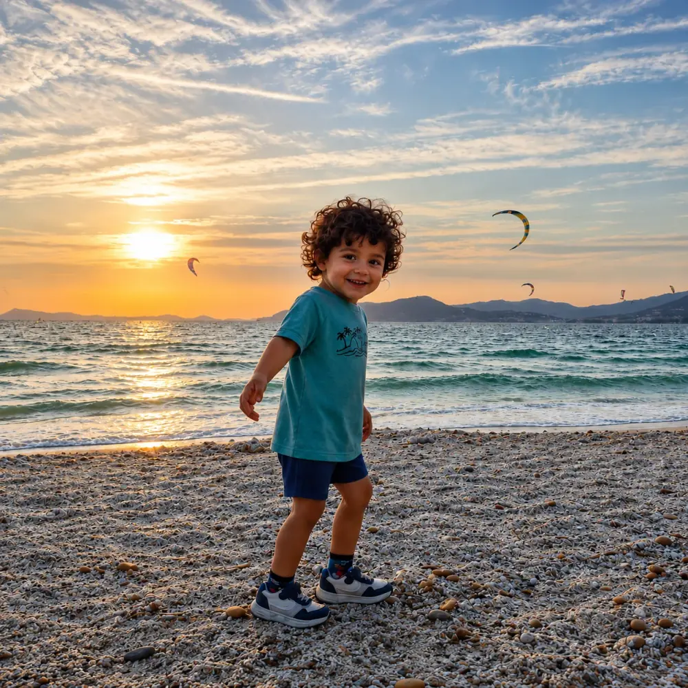 Photo d'un petit garçon à la plage, avant transformation en coloriage au numéro personnalisé