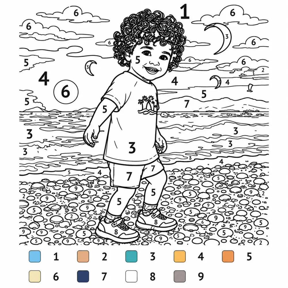 Page de coloriage au numéro : la même scène en zones numérotées avec la légende des couleurs