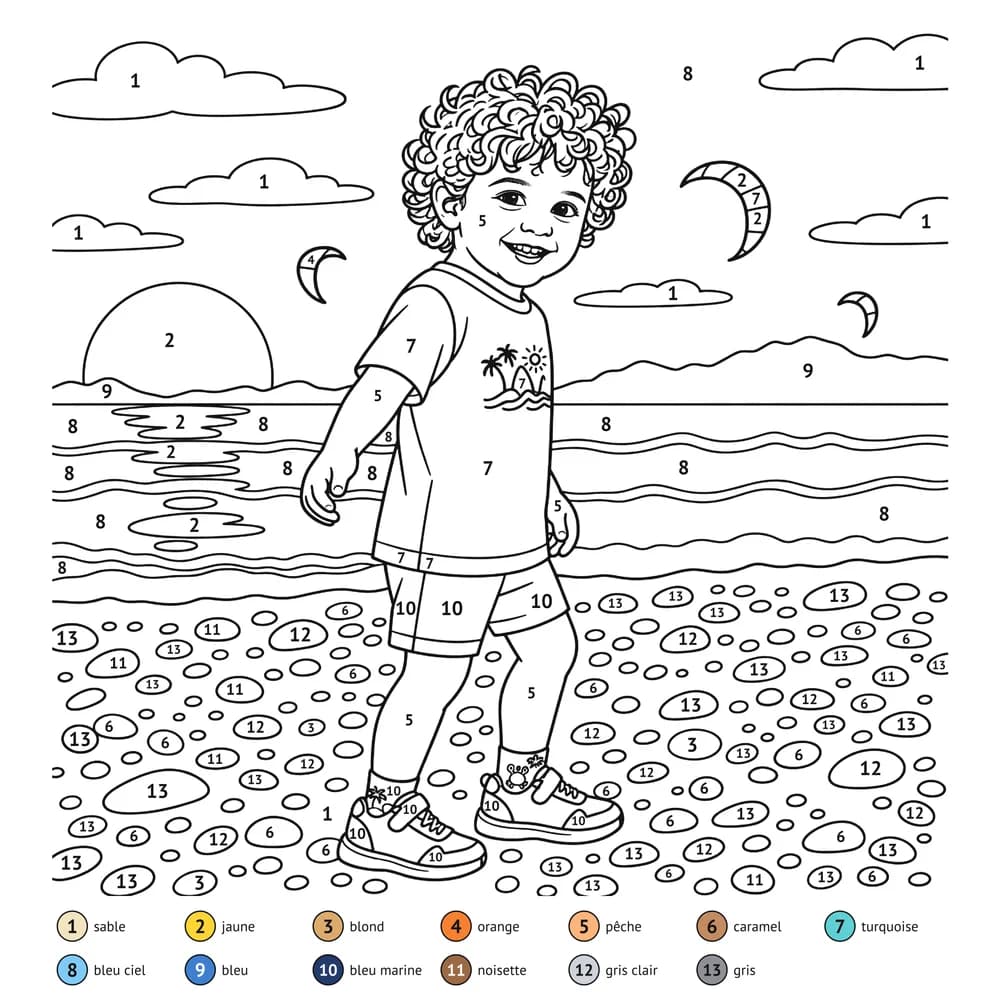 Page de coloriage au numéro : la même scène en zones numérotées avec la légende des couleurs