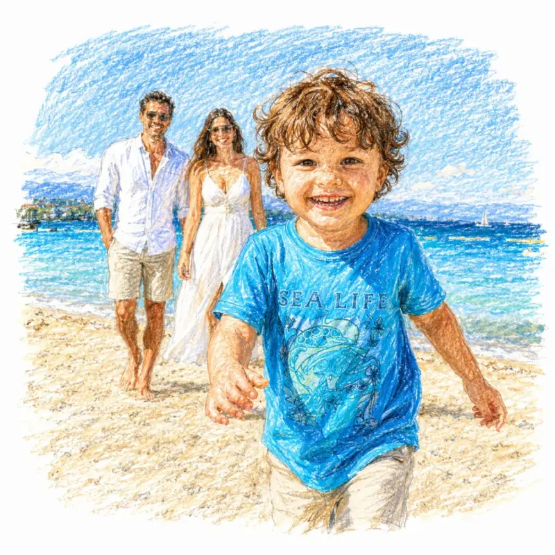 The photo redrawn as the book's color keepsake page