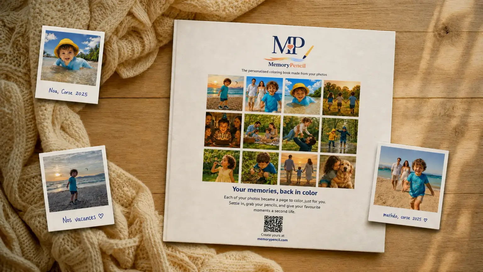 Back cover of a personalized Memory Pencil coloring book, surrounded by family photos