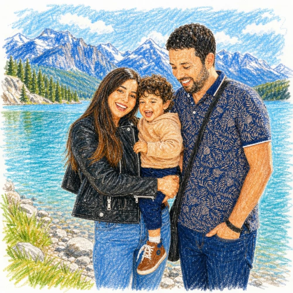 Model page: the family photo redrawn as a color illustration