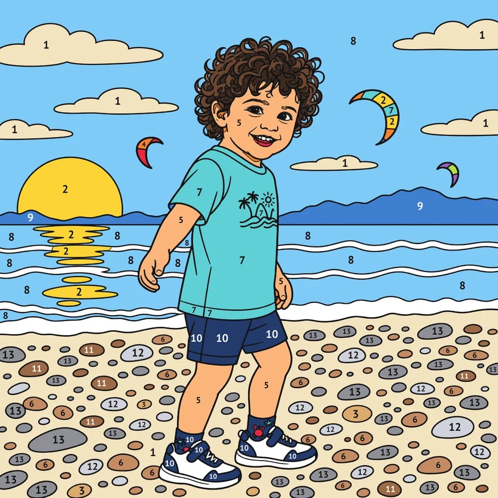 Page modèle du coloriage au numéro : la photo de la plage redessinée en couleur