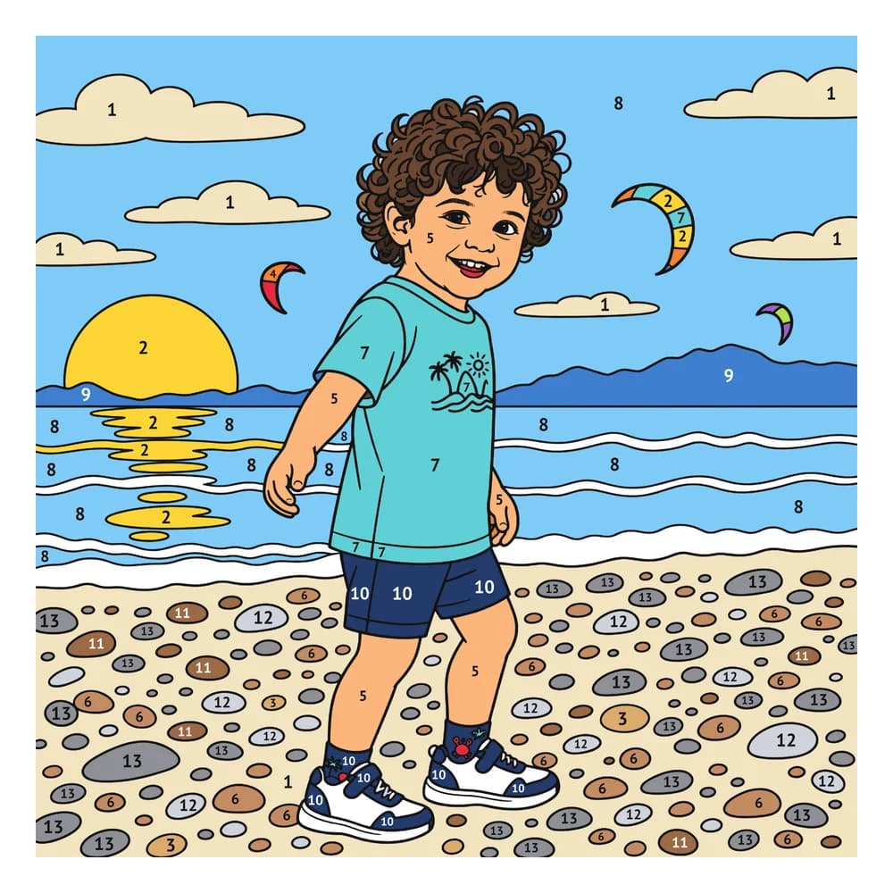 Model page: the photo of the little boy on the beach redrawn as a color illustration