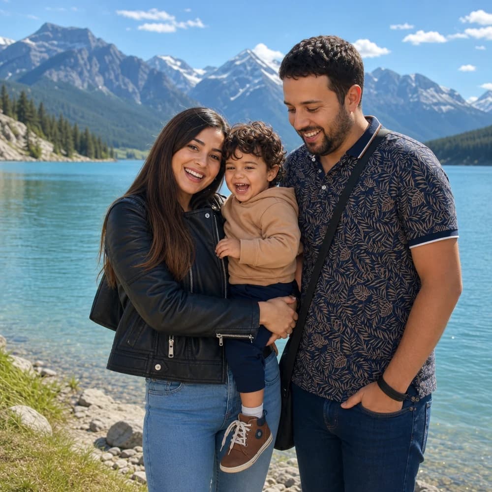 Photo of parents holding their little boy by a mountain lake, before it becomes a personalized dot-to-dot