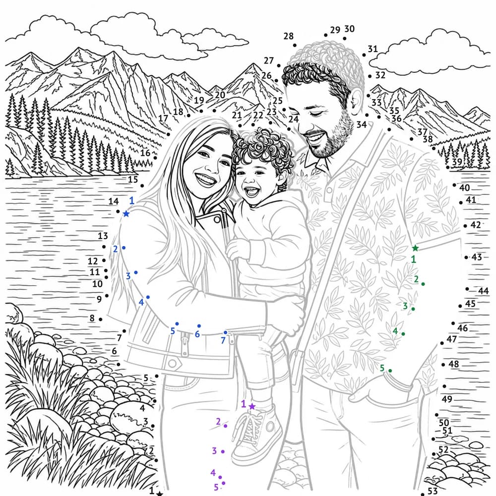 Dot-to-dot page: the family outline as numbered dots from 1 to 53, with the lake and mountains to color