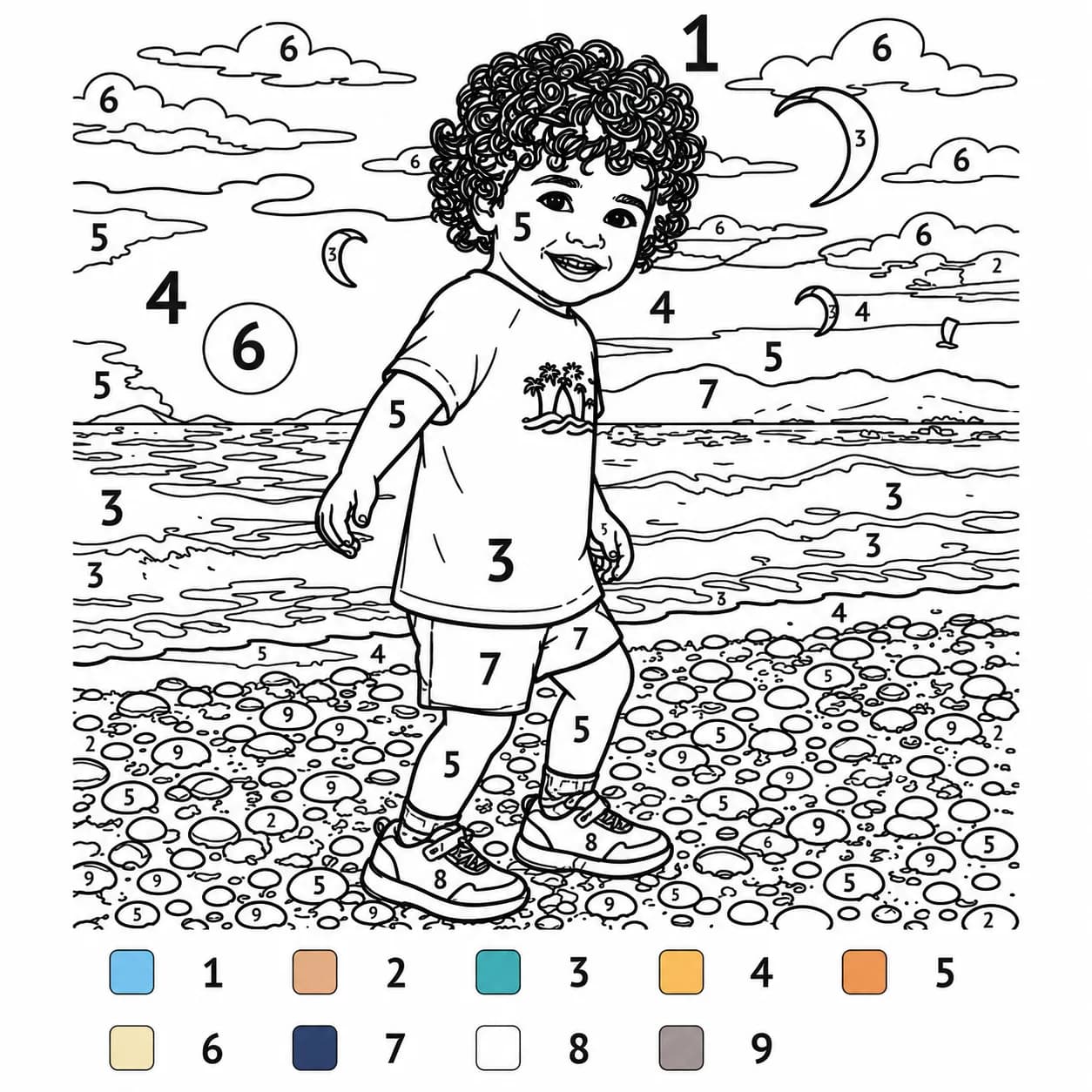 Page de coloriage au numéro : la même scène en zones numérotées avec la légende des couleurs