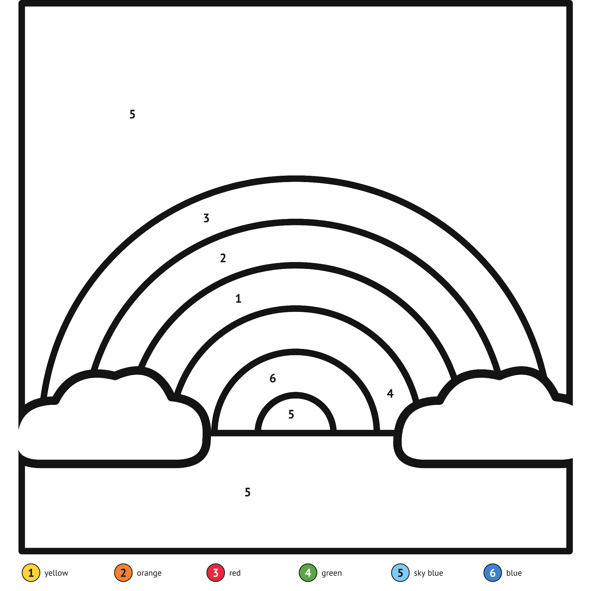 Color by number printable, the rainbow: numbered spaces and a color key