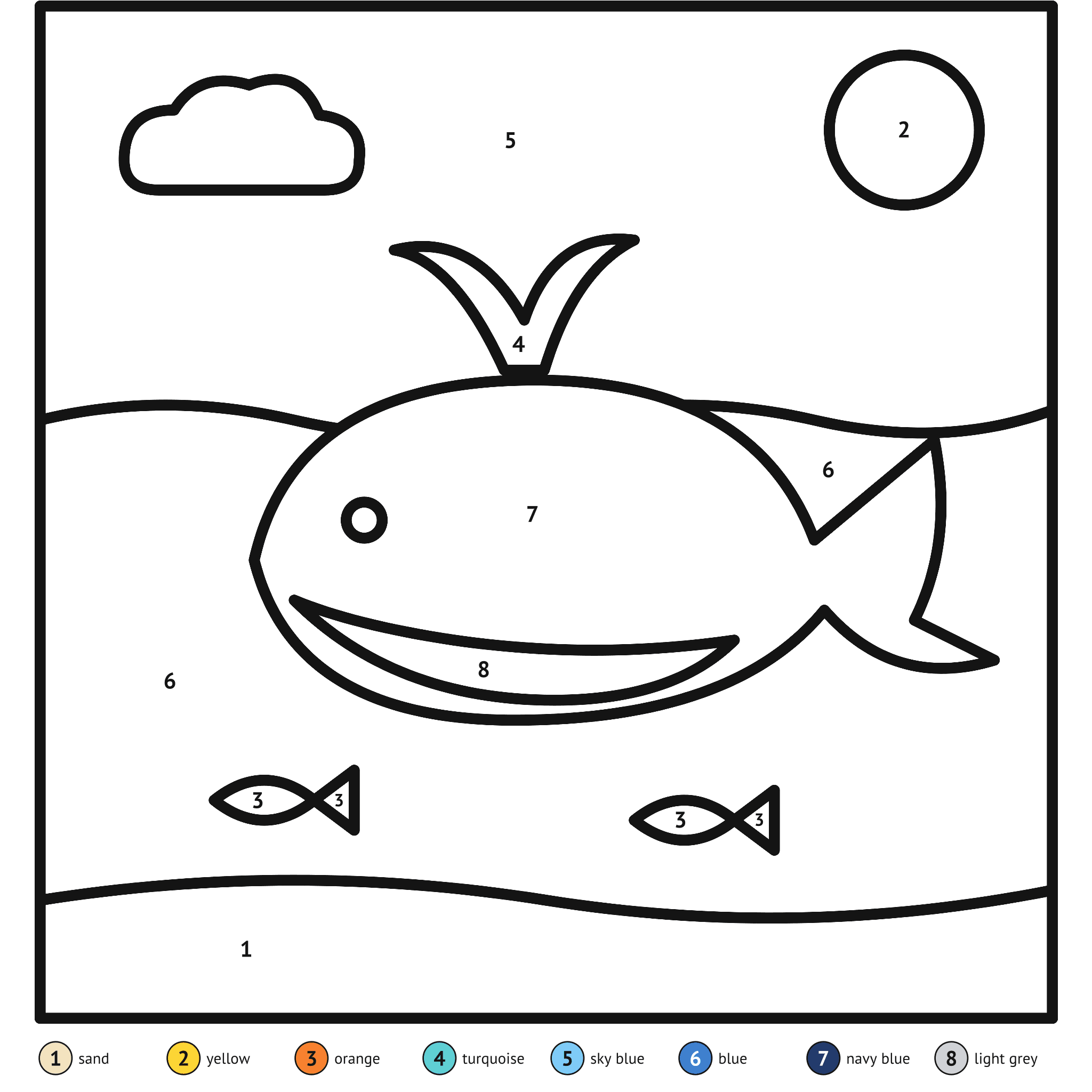 Color by number printable, the whale: numbered spaces and a color key