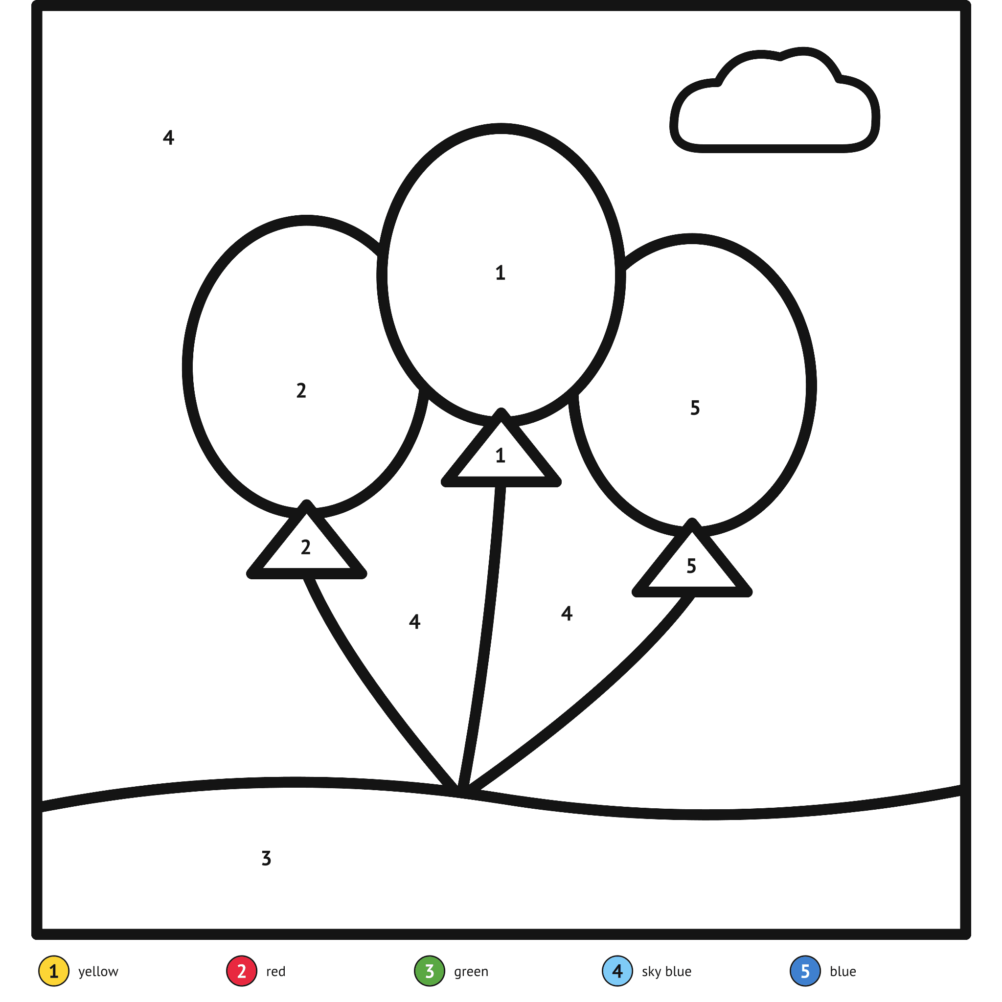 Color by number printable, the balloons: numbered spaces and a color key