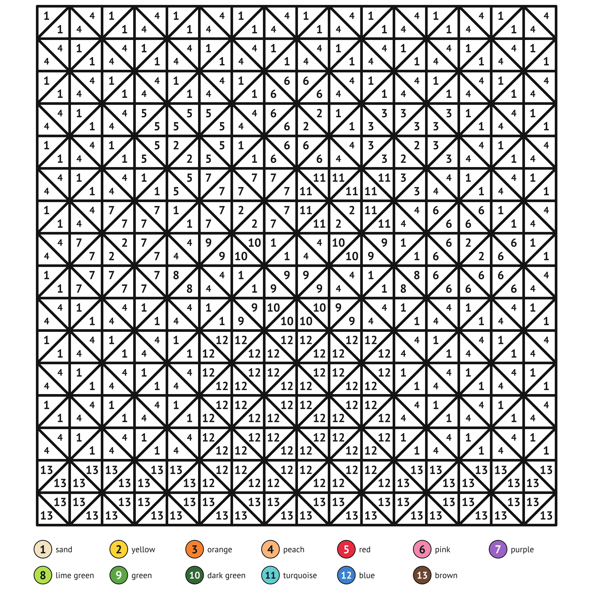 Color by number printable, the bouquet: numbered spaces and a color key