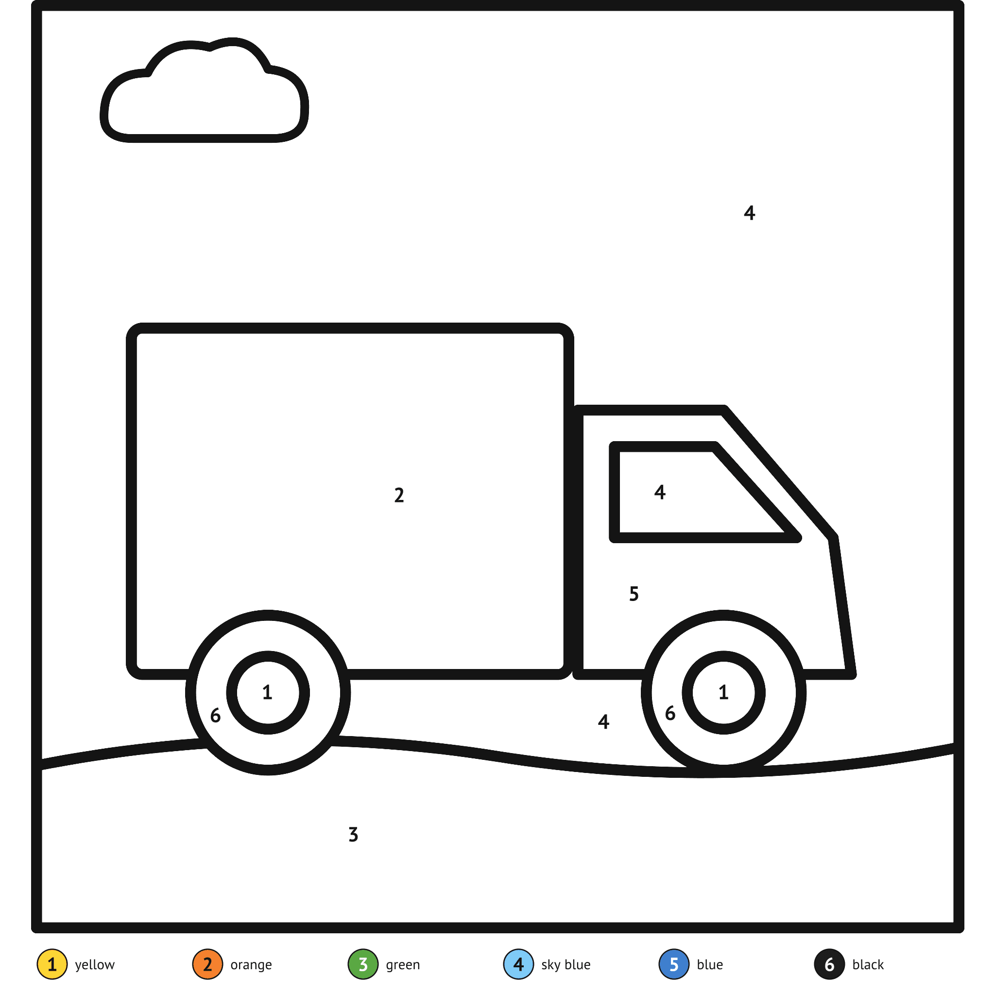 Color by number printable, the truck: numbered spaces and a color key