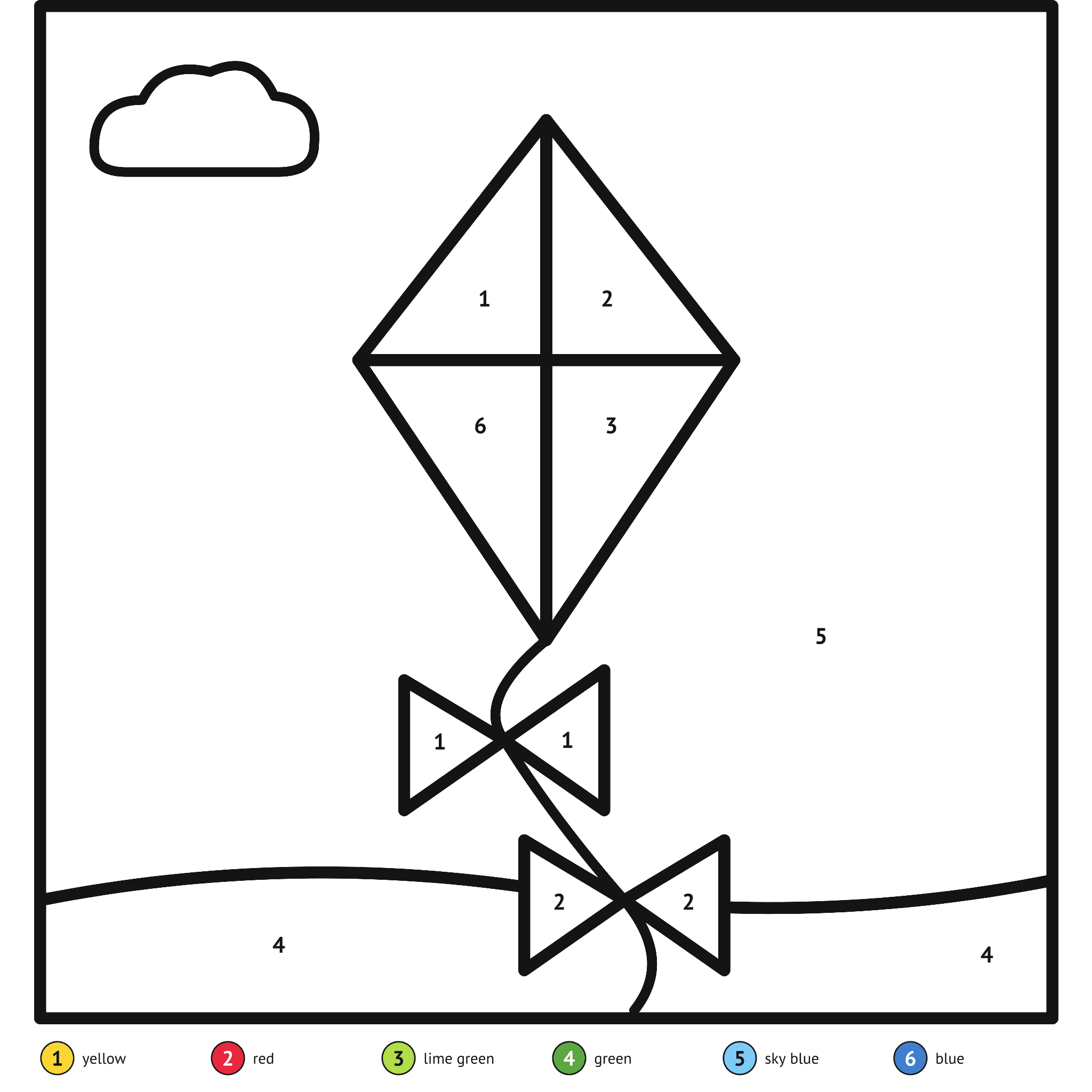 Color by number printable, the kite: numbered spaces and a color key