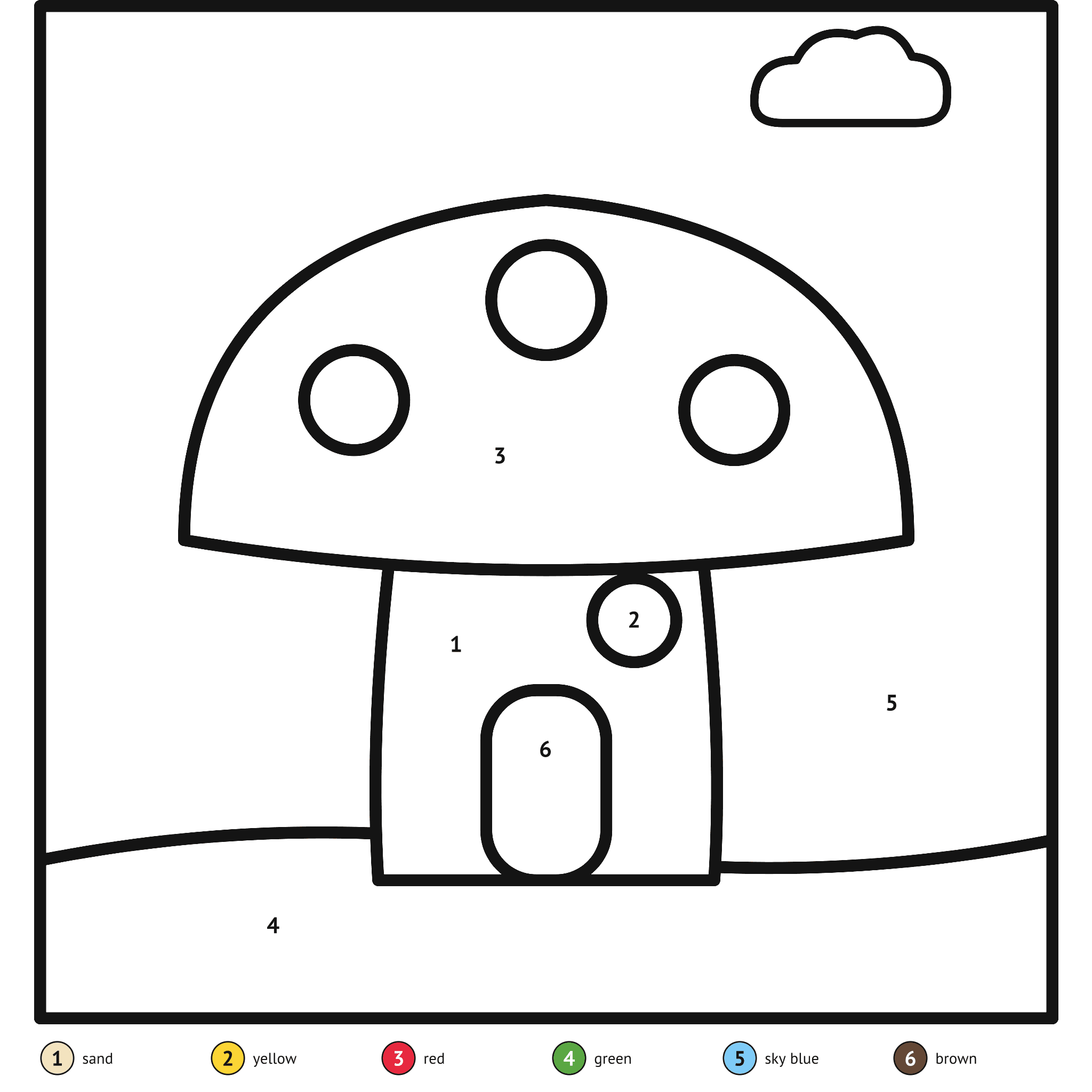 Color by number printable, the mushroom: numbered spaces and a color key