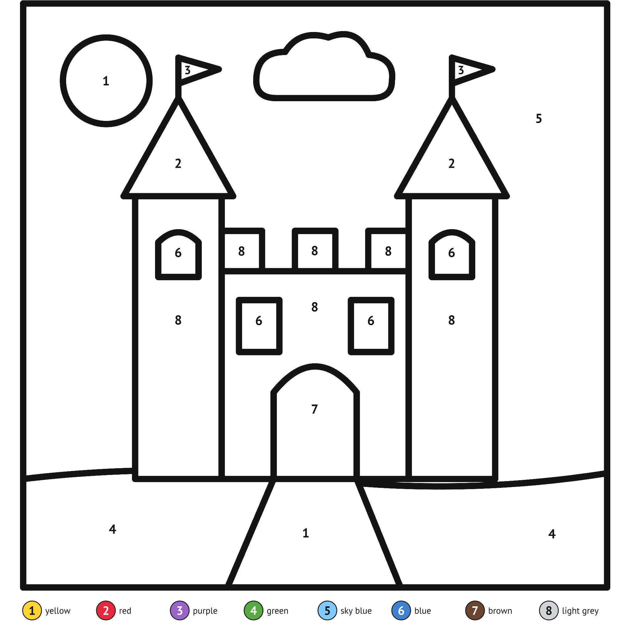 Color by number printable, the castle: numbered spaces and a color key