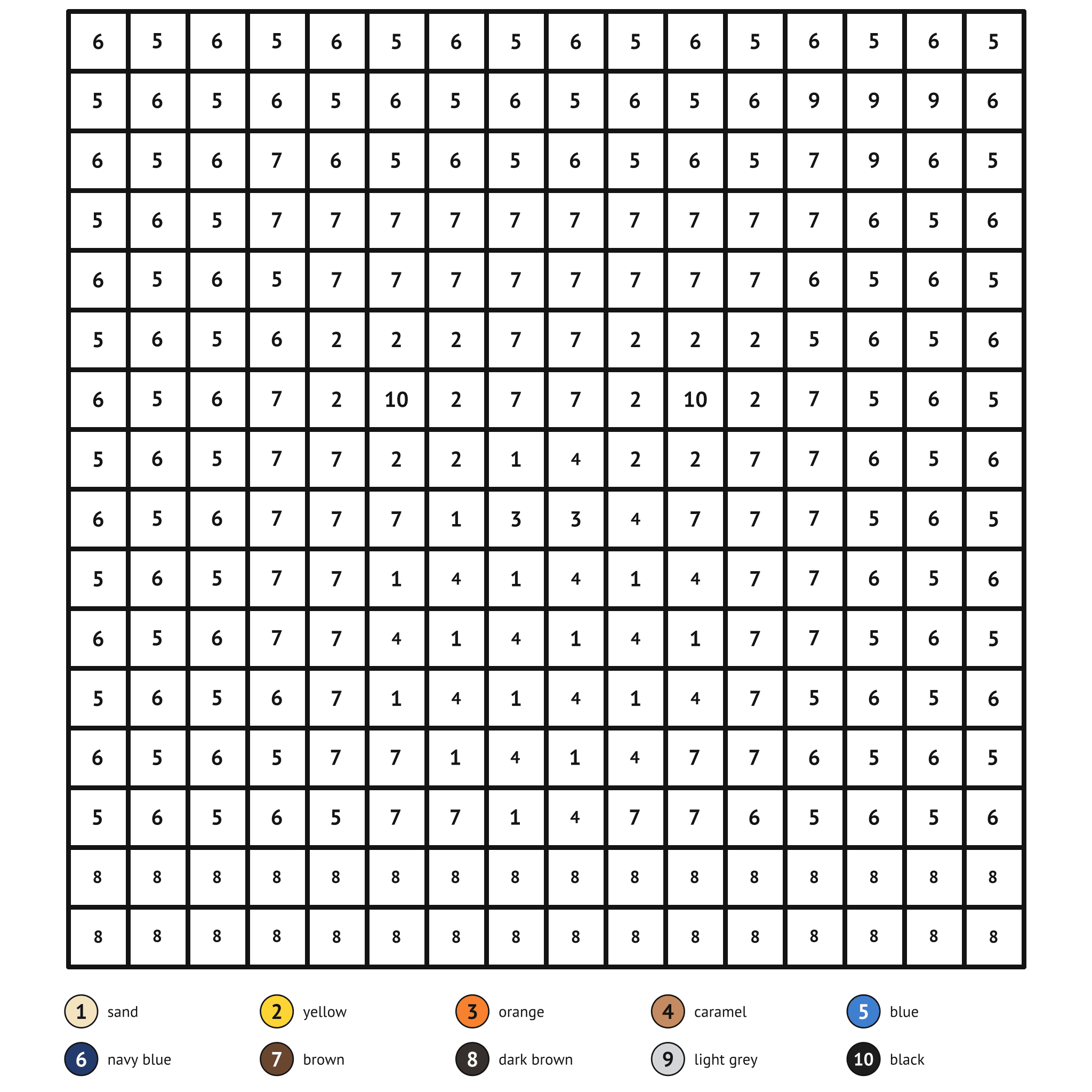 Color by number printable, the little owl: numbered spaces and a color key