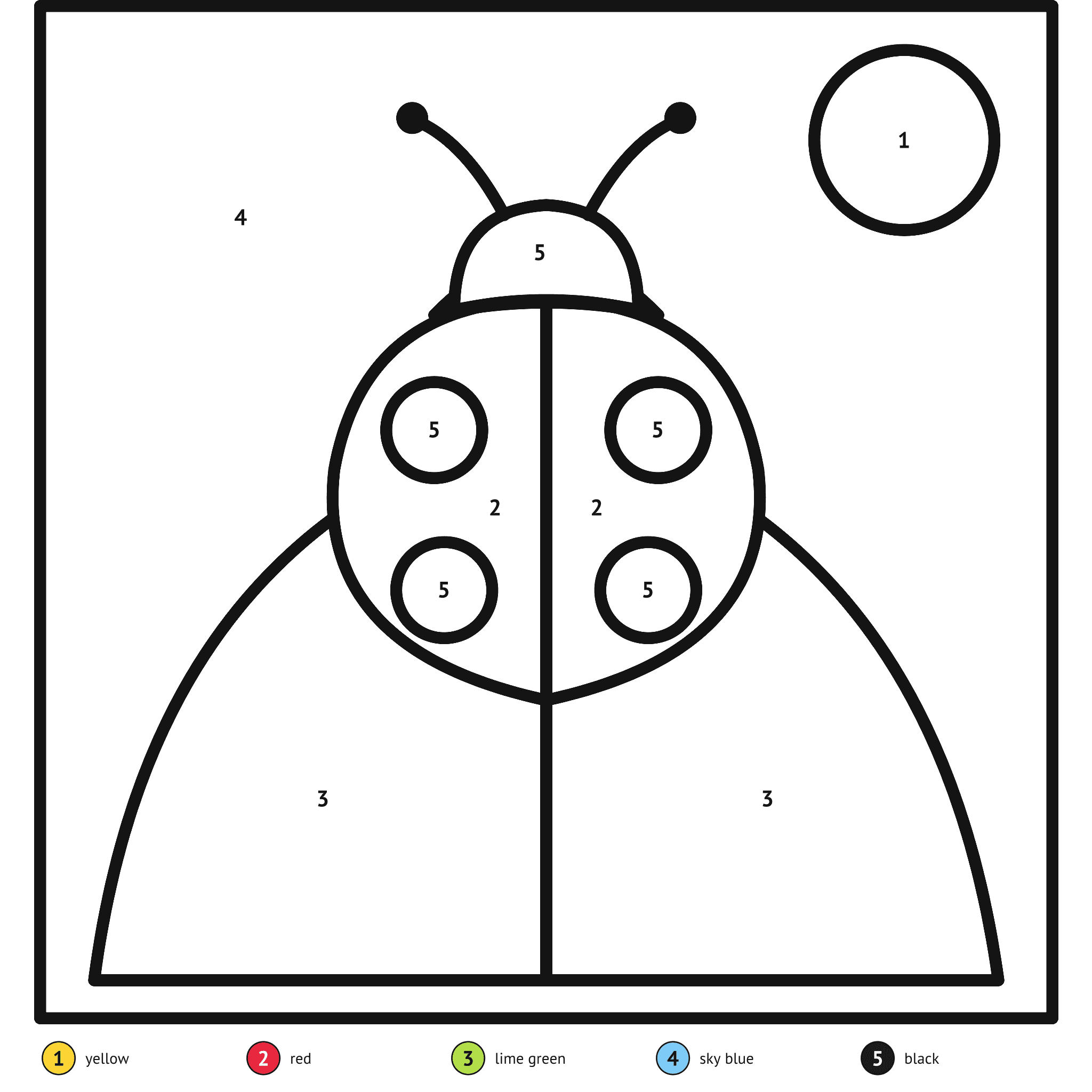 Color by number printable, the ladybug: numbered spaces and a color key