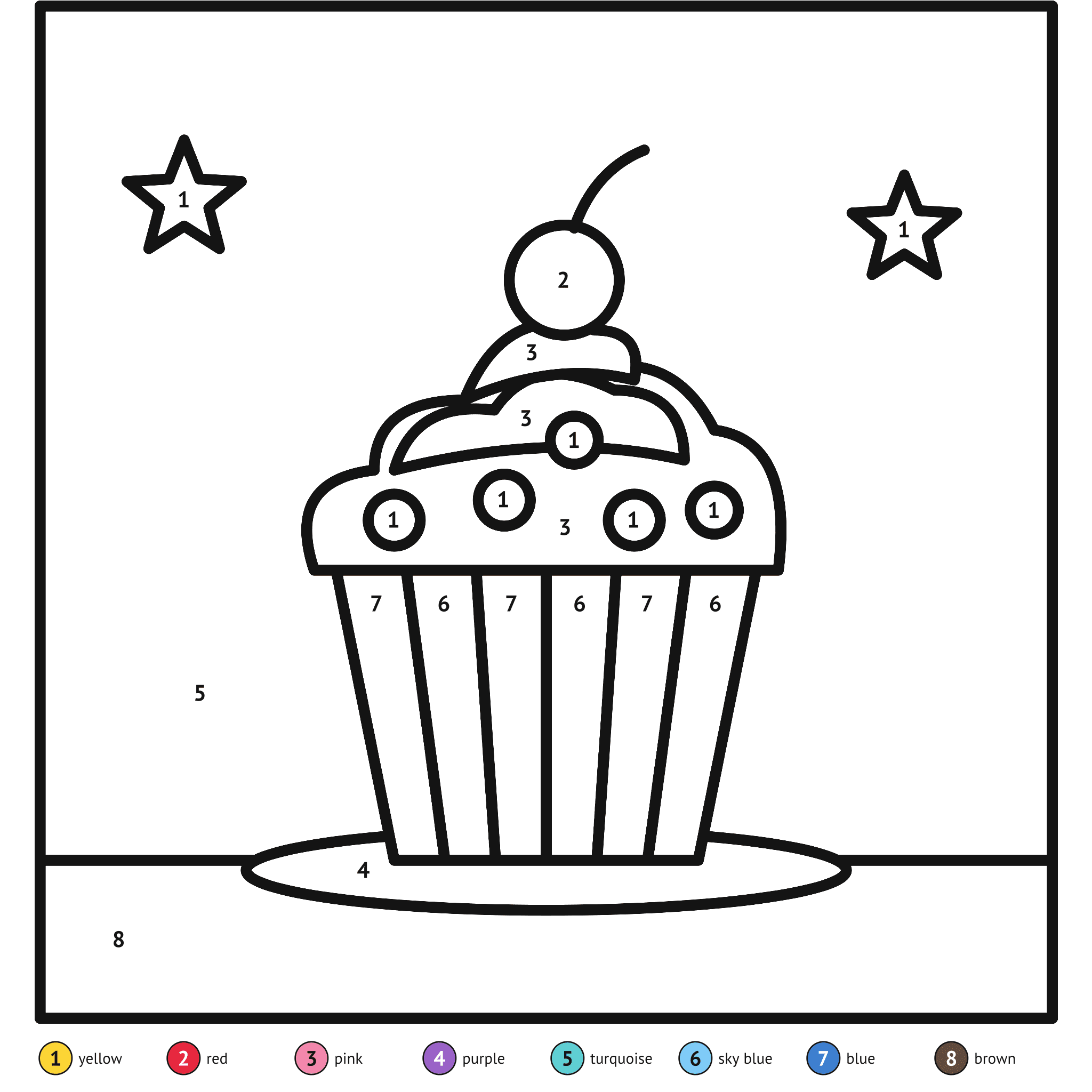 Color by number printable, the cupcake: numbered spaces and a color key