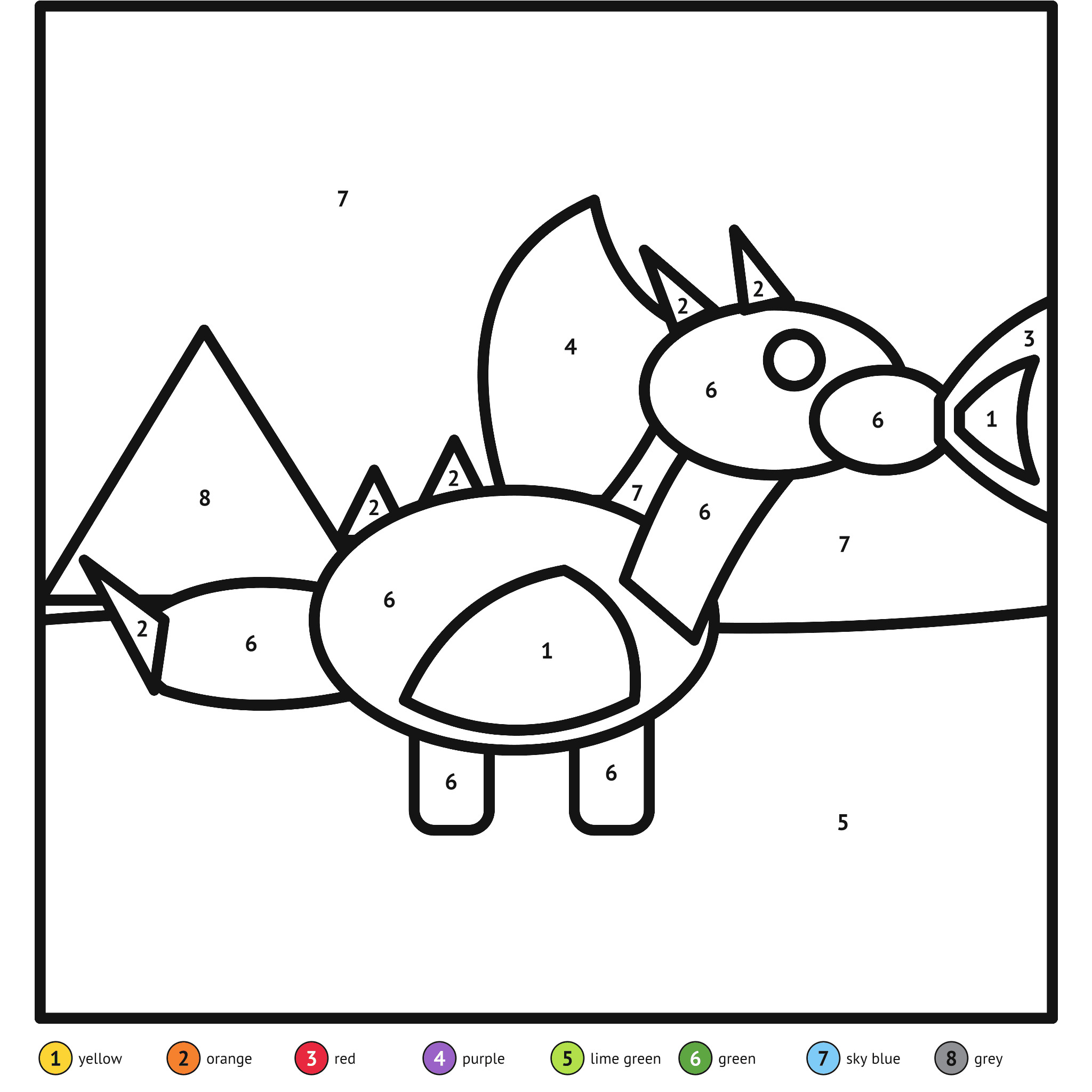 Color by number printable, the dragon: numbered spaces and a color key