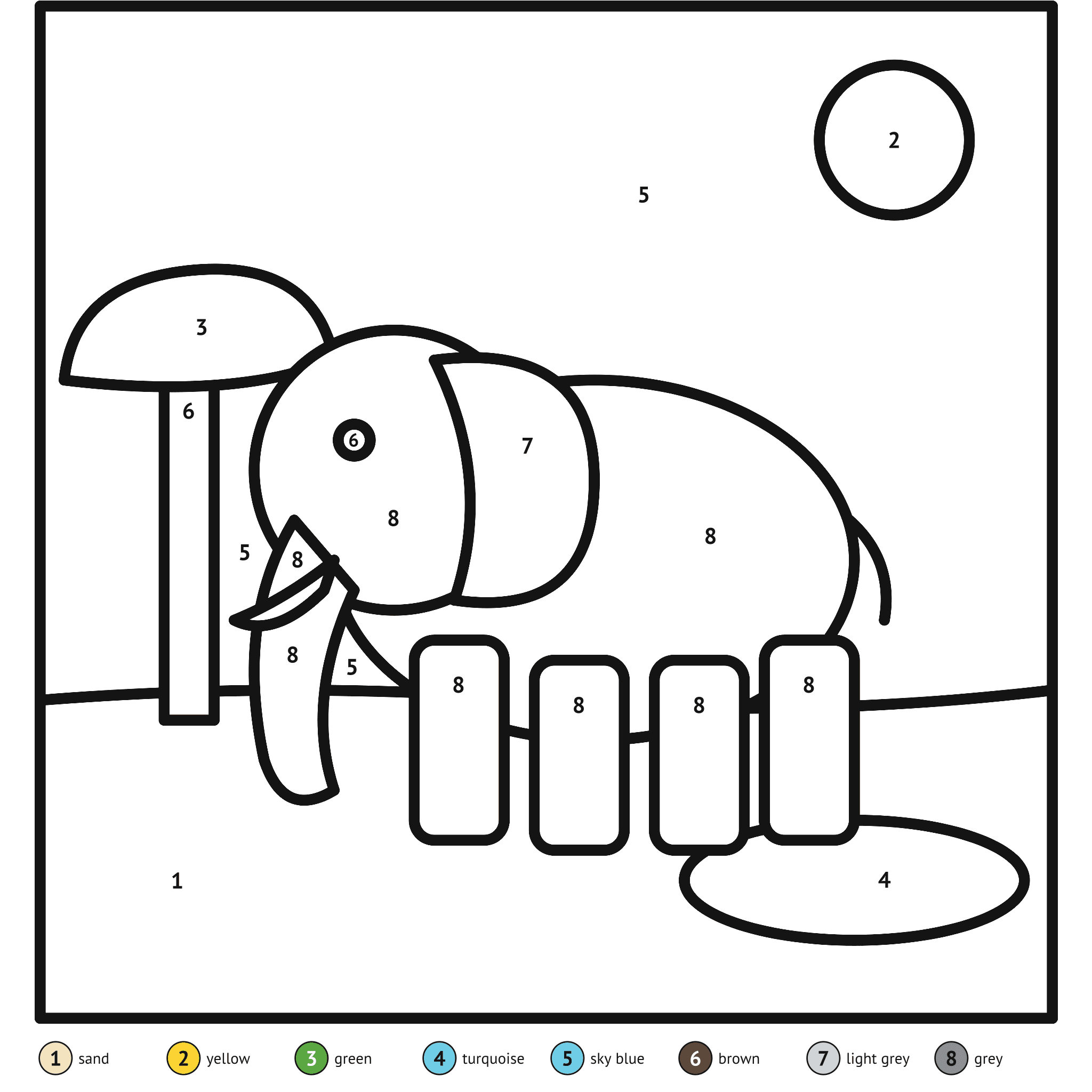 Color by number printable, the elephant: numbered spaces and a color key