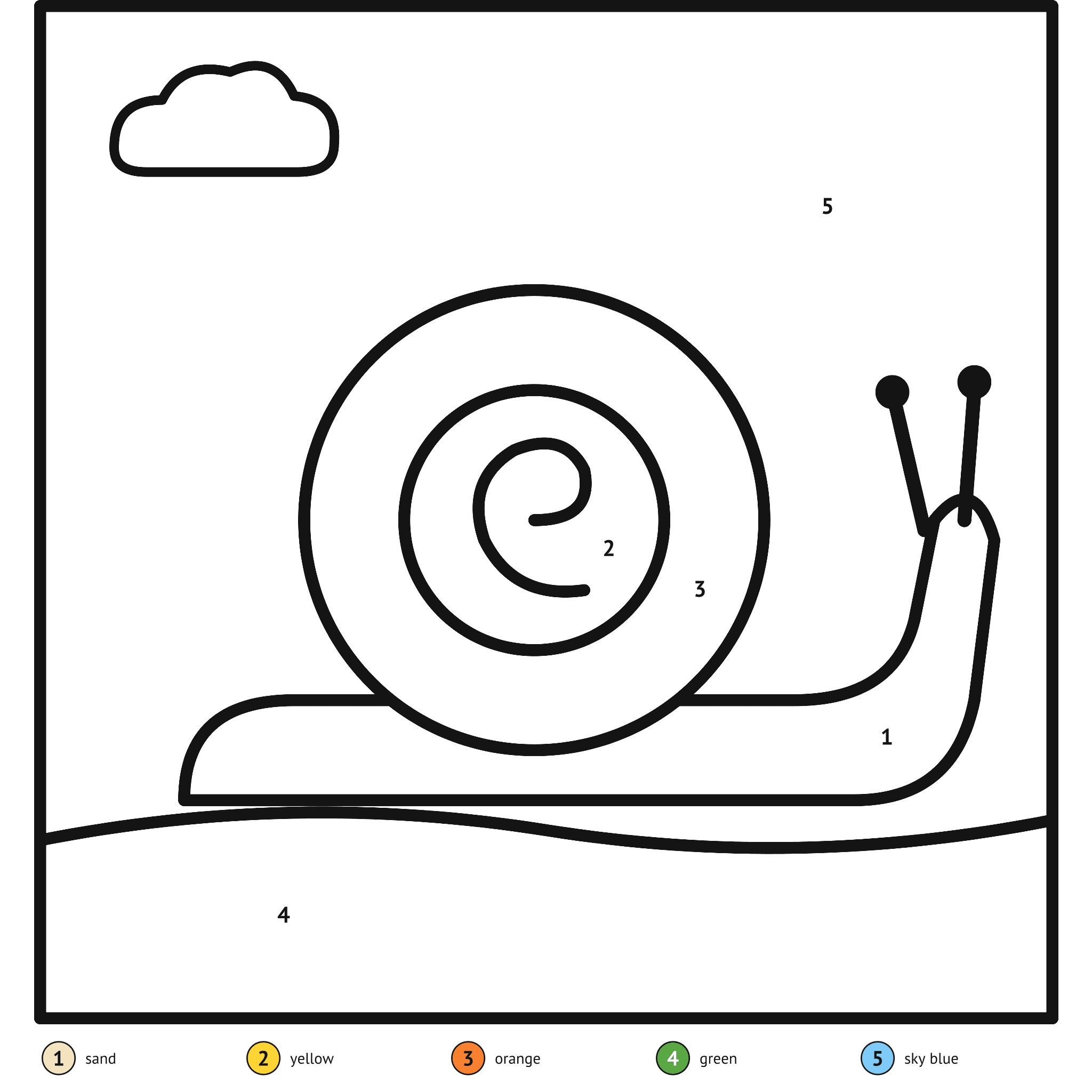 Color by number printable, the snail: numbered spaces and a color key