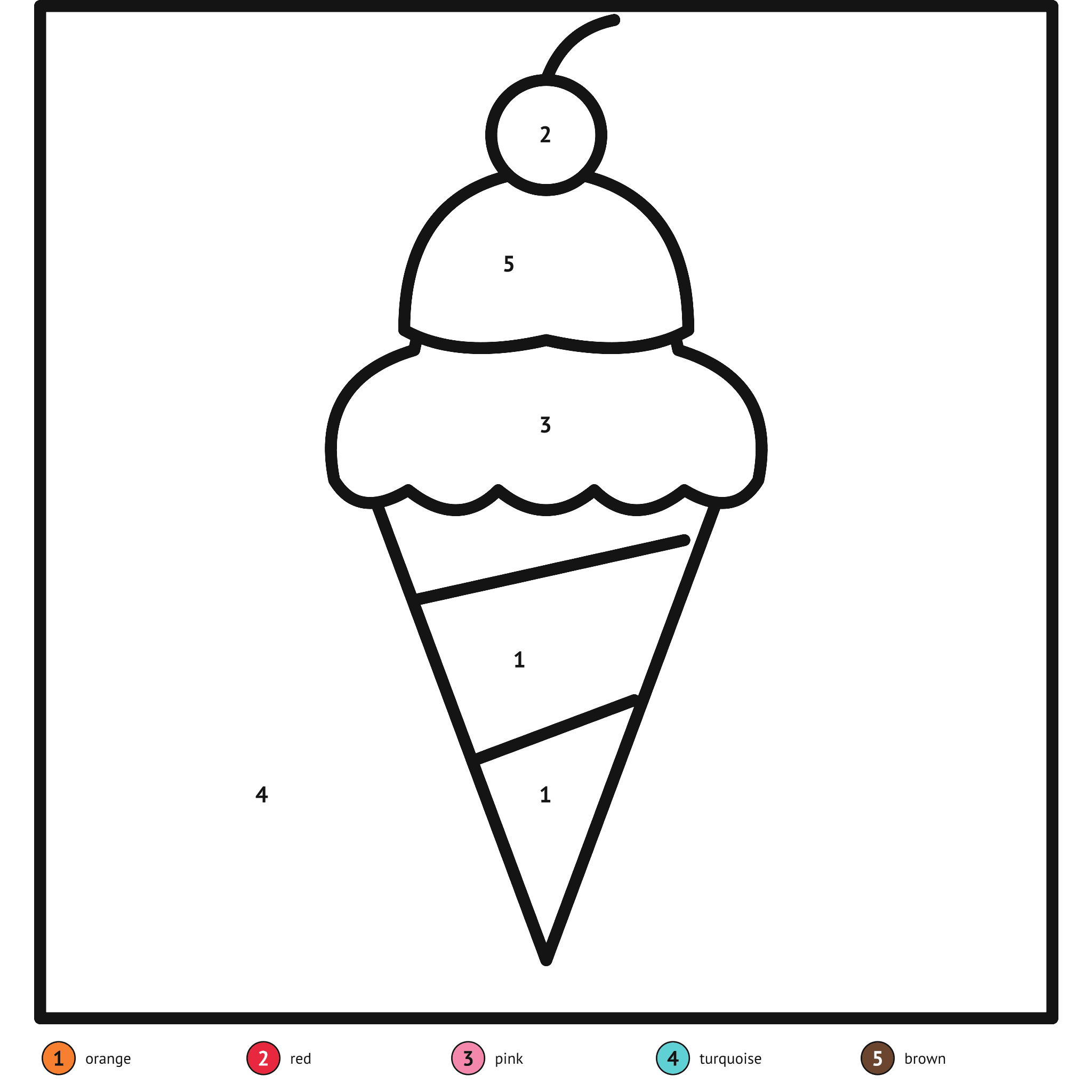 Color by number printable, the ice cream: numbered spaces and a color key