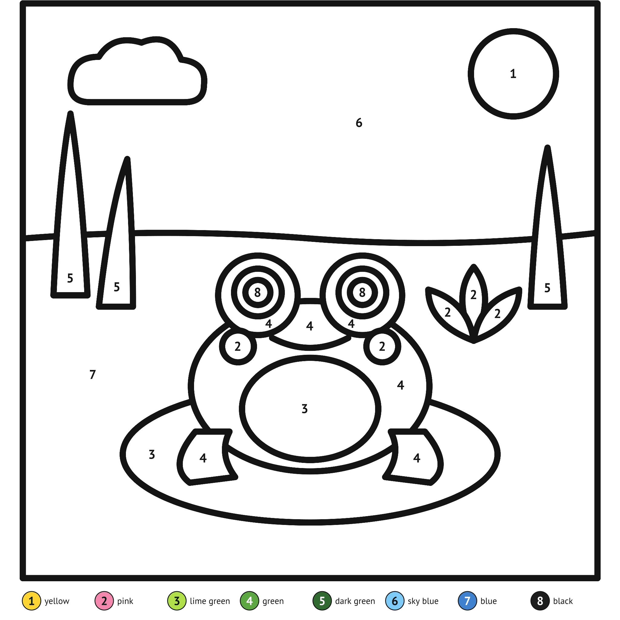 Color by number printable, the frog: numbered spaces and a color key