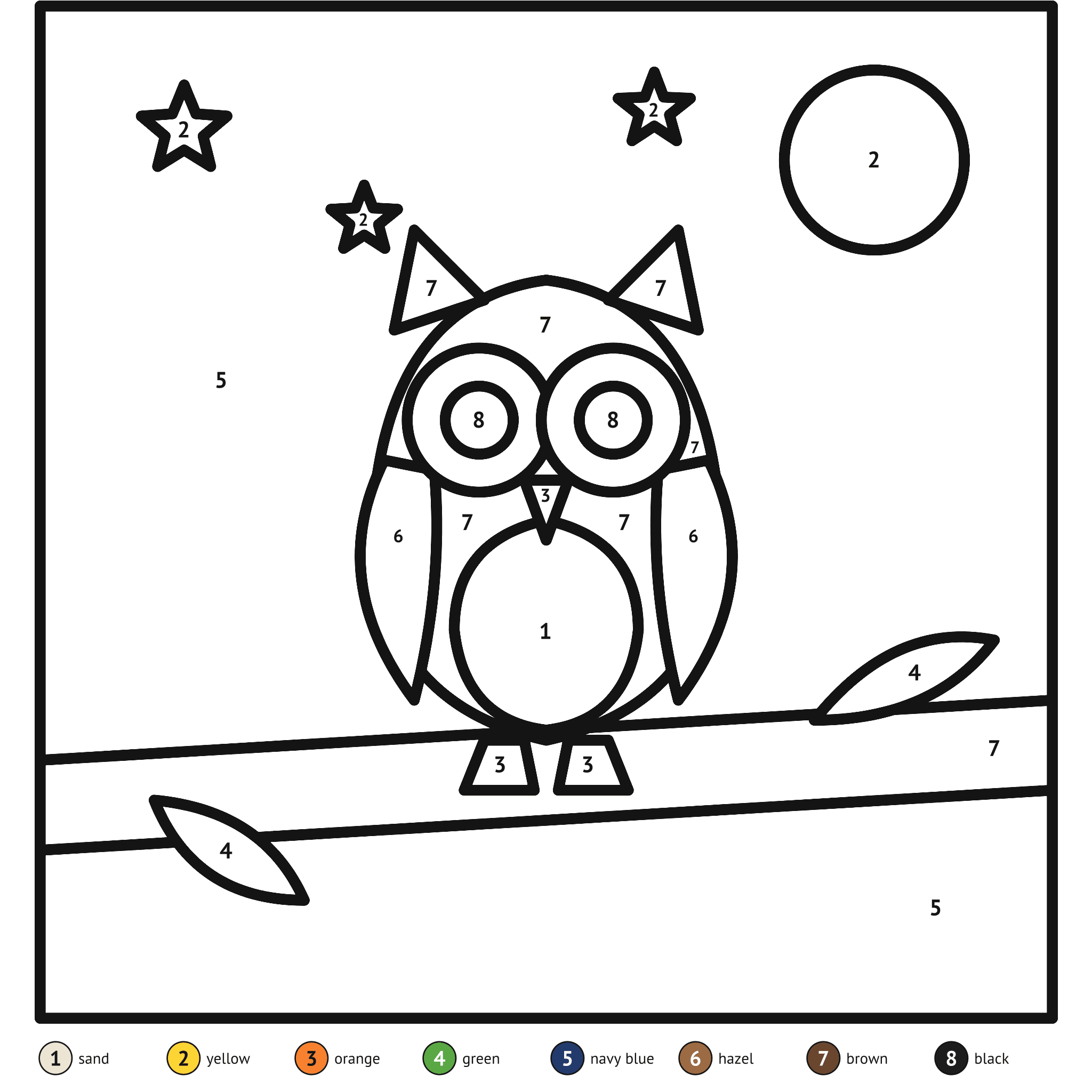 Color by number printable, the owl: numbered spaces and a color key
