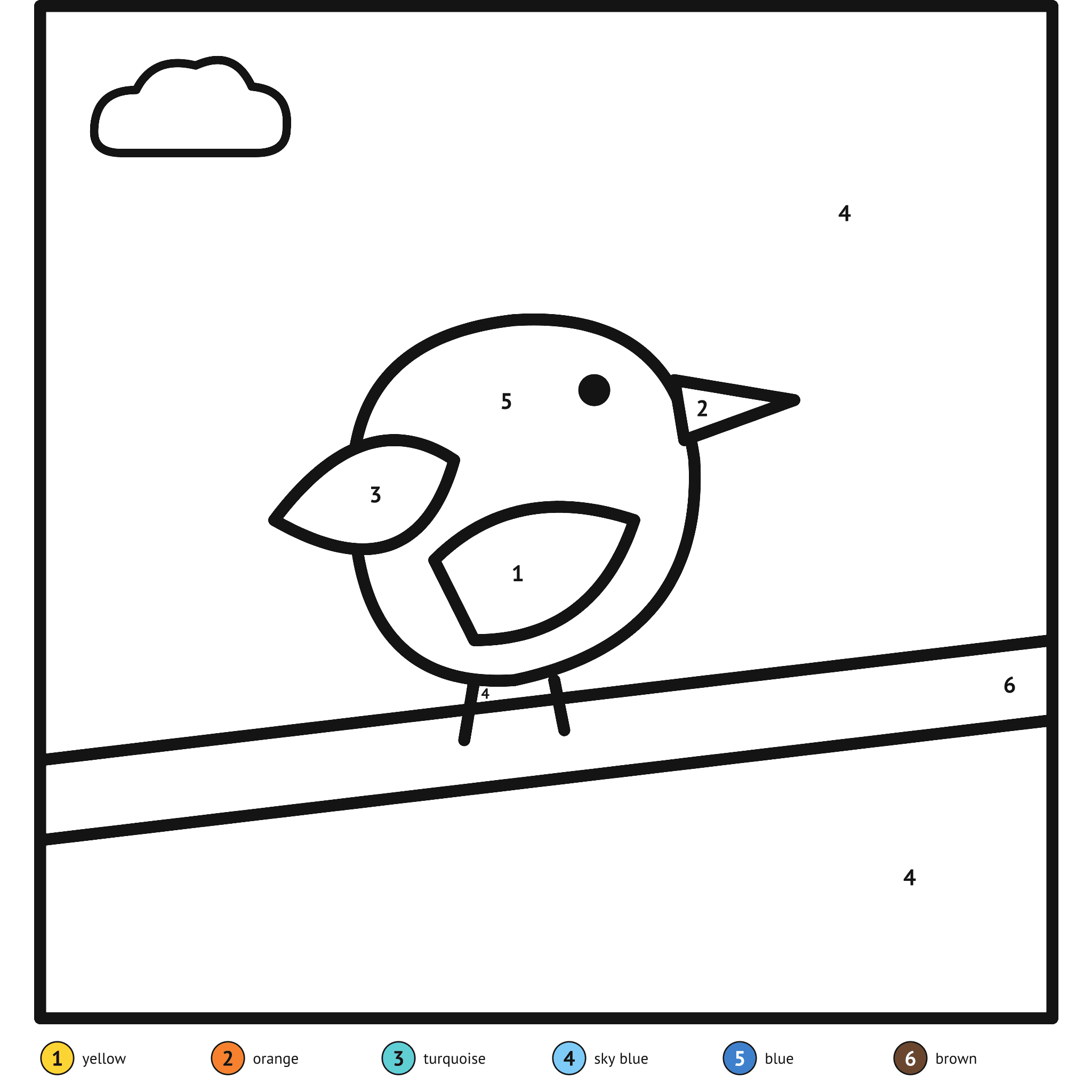 Color by number printable, the bird: numbered spaces and a color key