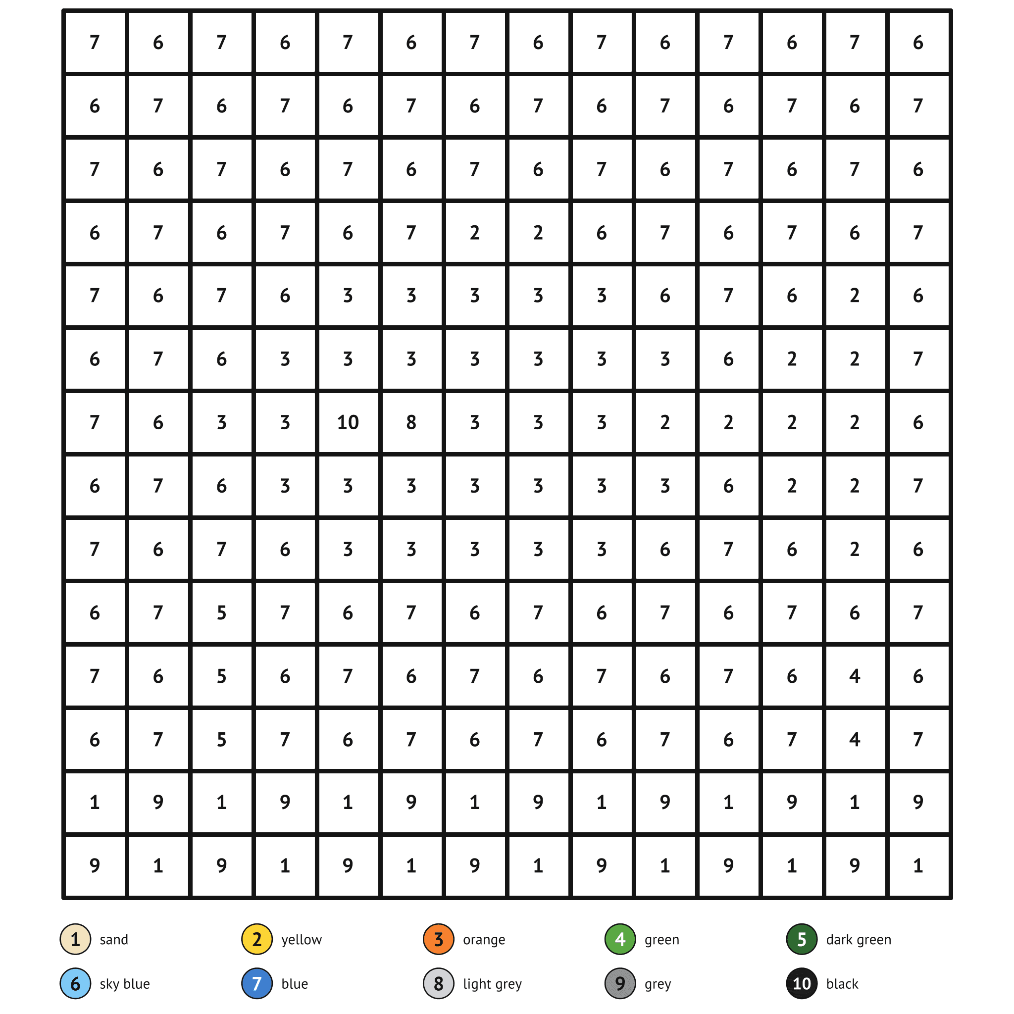 Color by number printable, the goldfish: numbered spaces and a color key