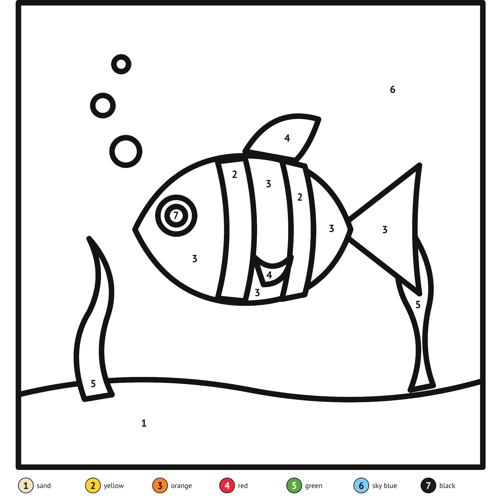 Color by number printable, the fish: numbered spaces and a color key