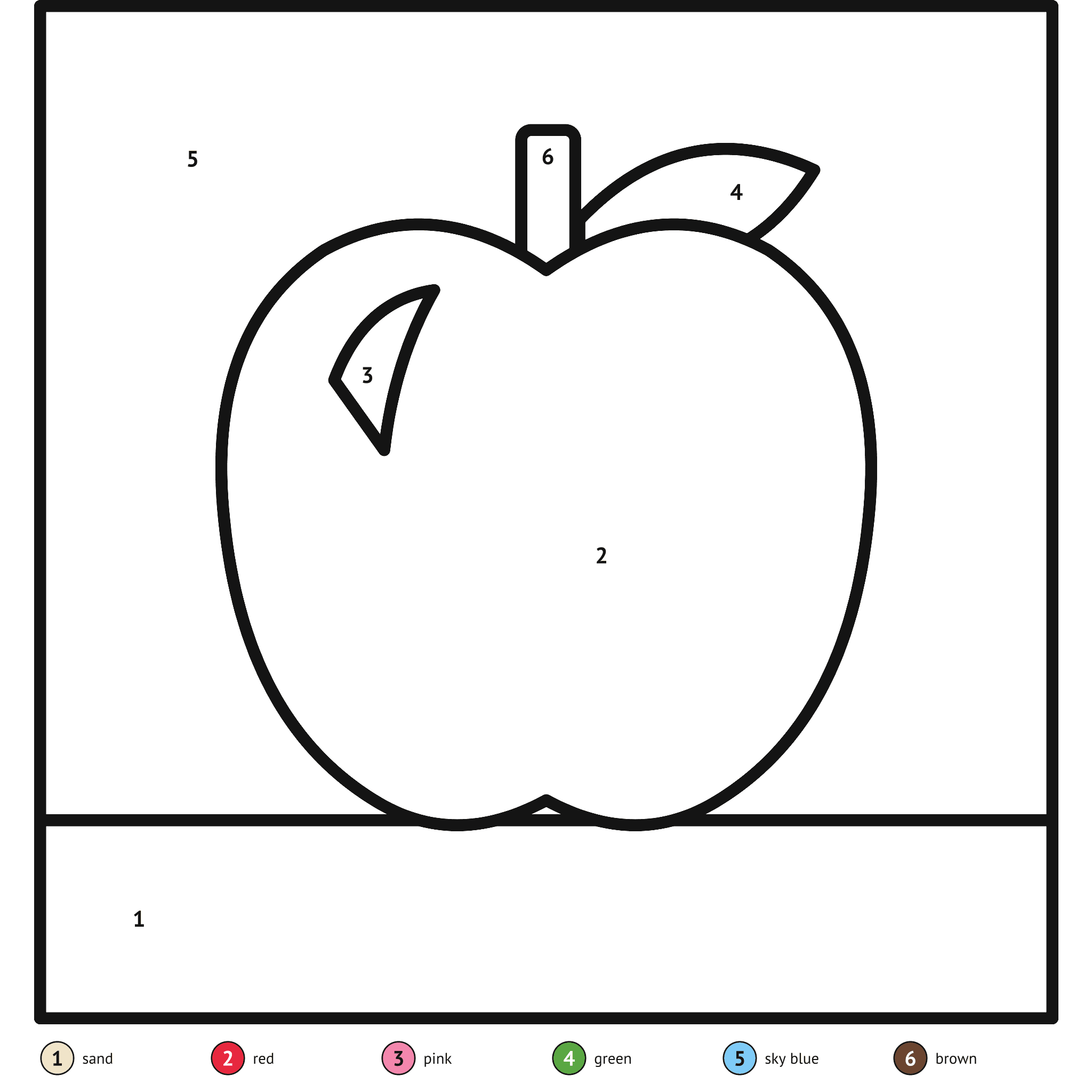 Color by number printable, the apple: numbered spaces and a color key