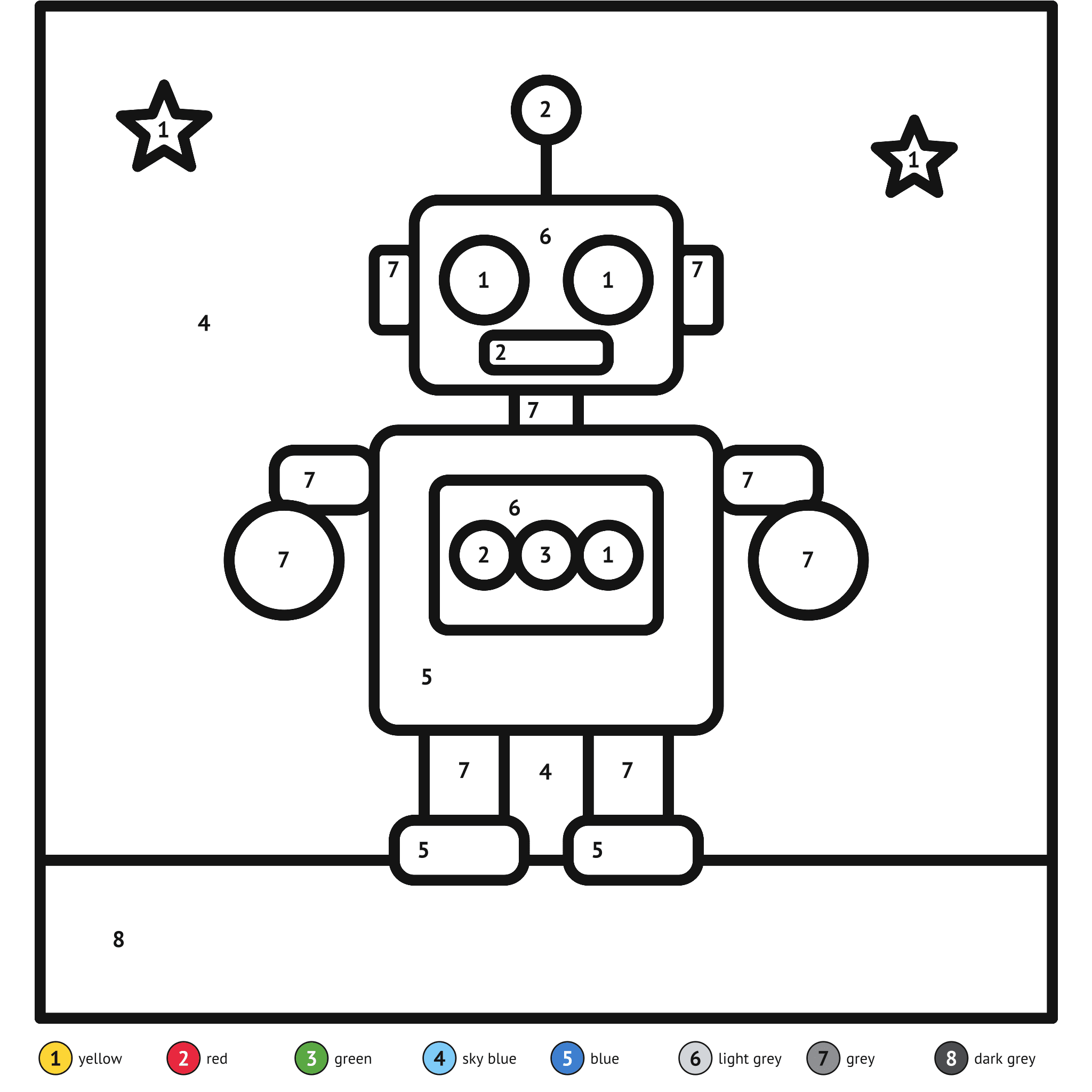 Color by number printable, the robot: numbered spaces and a color key