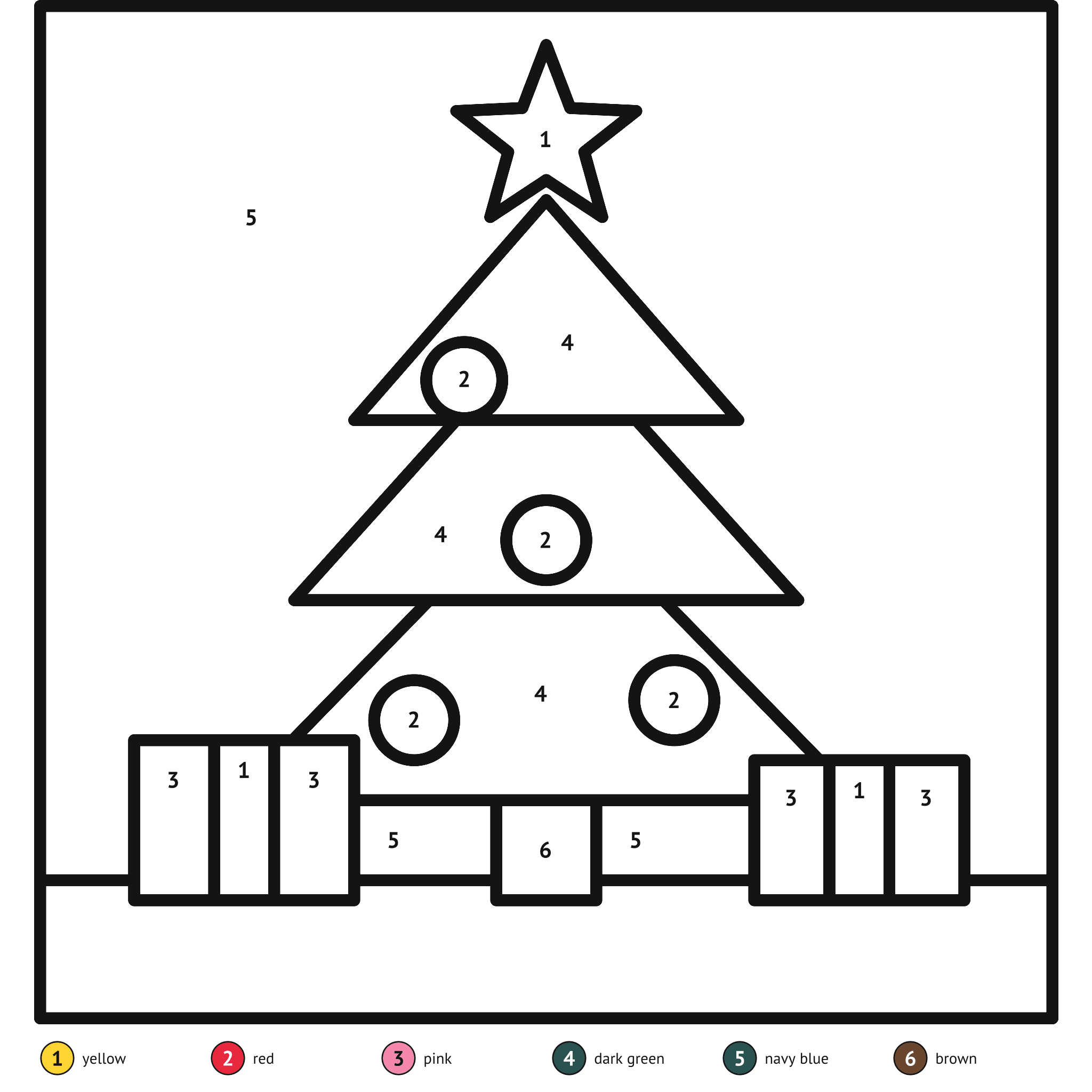 Color by number printable, the Christmas tree: numbered spaces and a color key