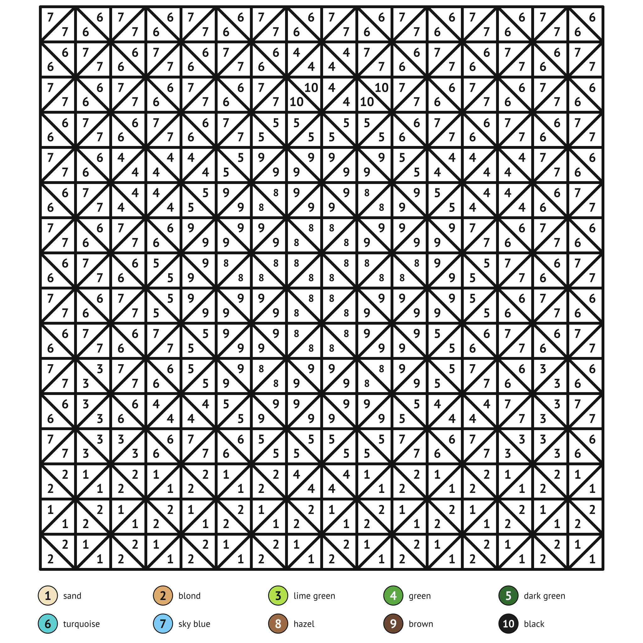 Color by number printable, the turtle: numbered spaces and a color key
