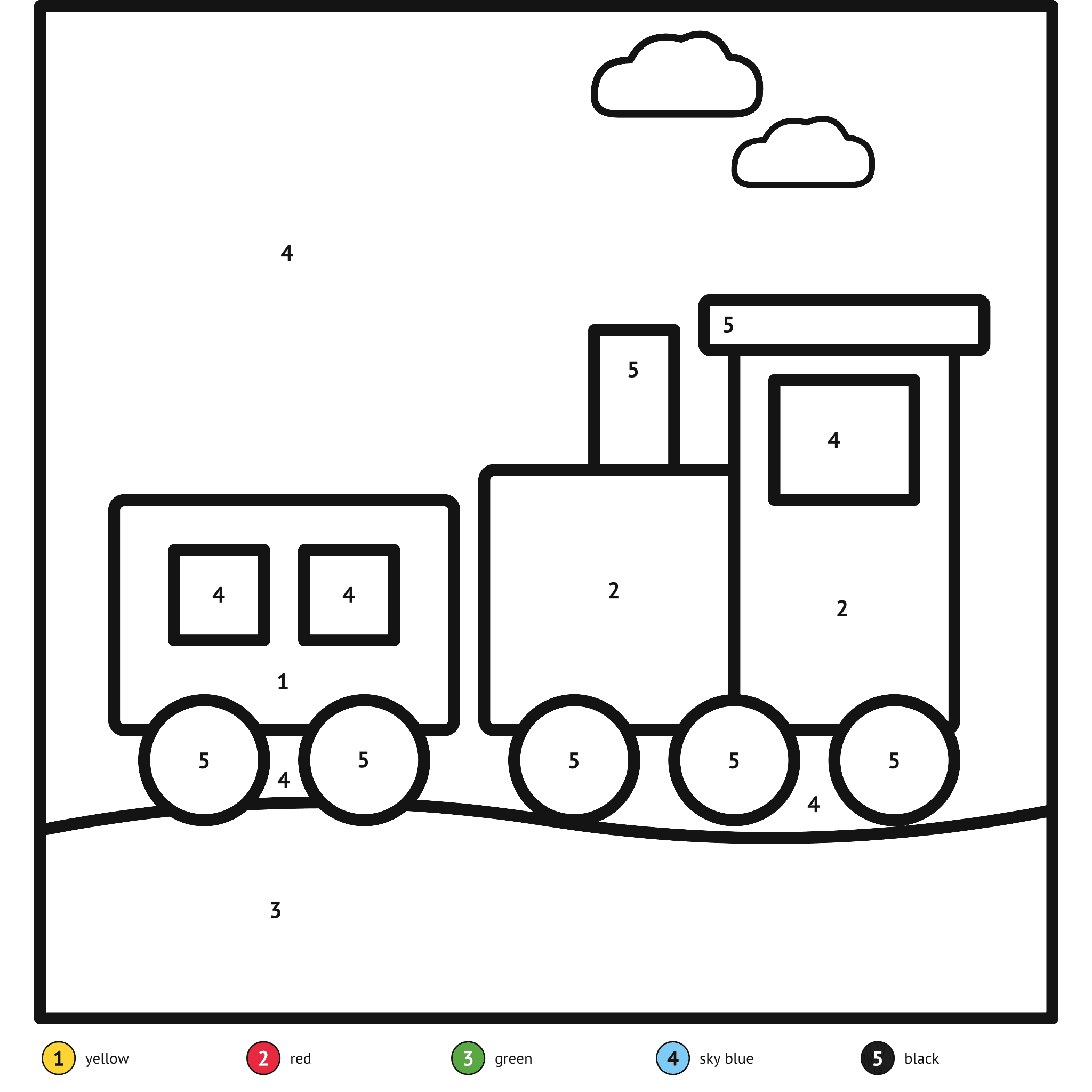 Color by number printable, the train: numbered spaces and a color key