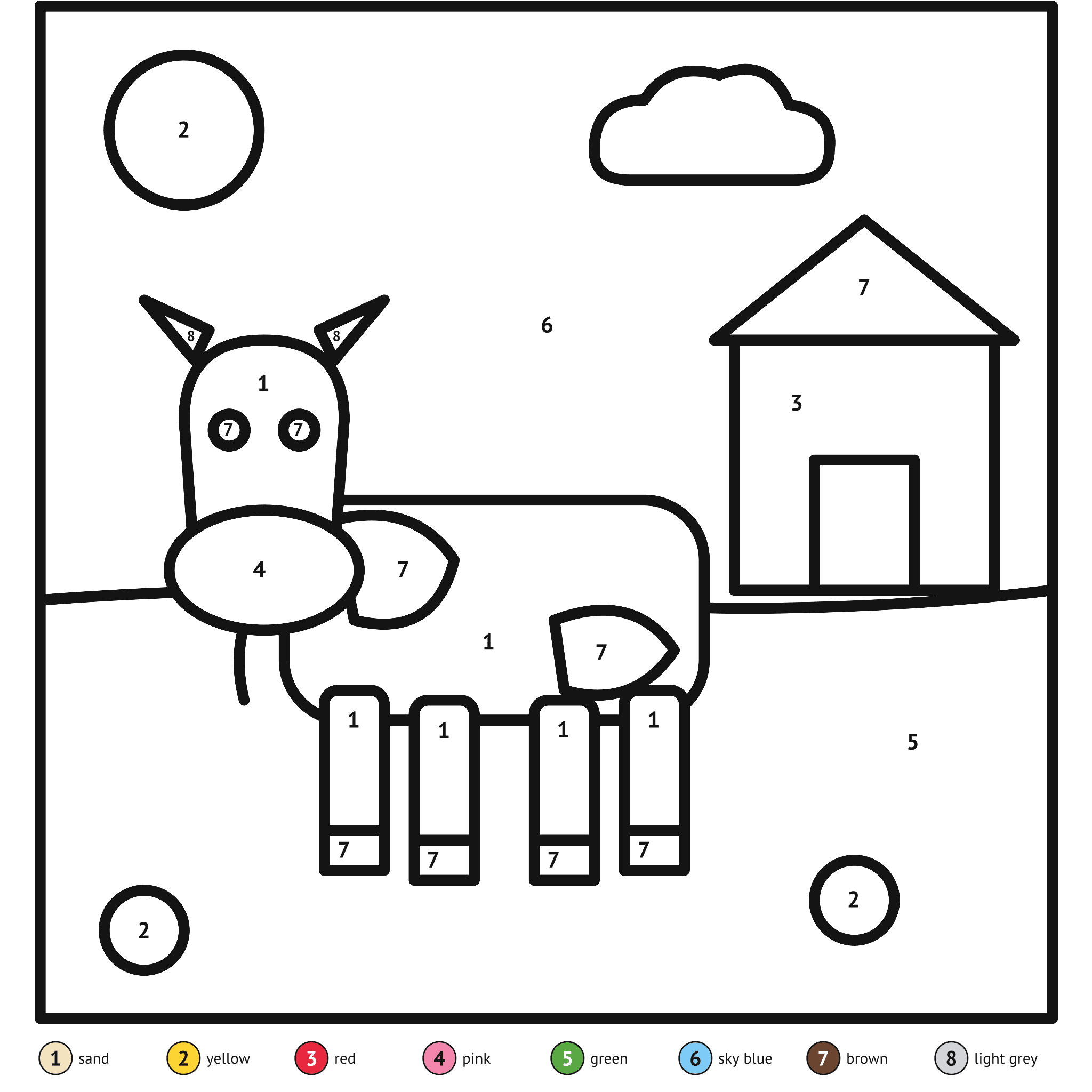 Color by number printable, the cow: numbered spaces and a color key