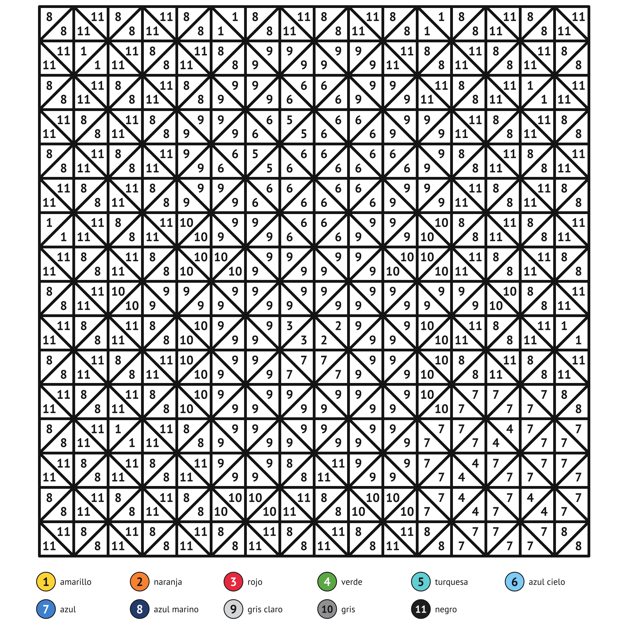 Ficha para colorear por números, el astronauta: zonas numeradas y leyenda de colores