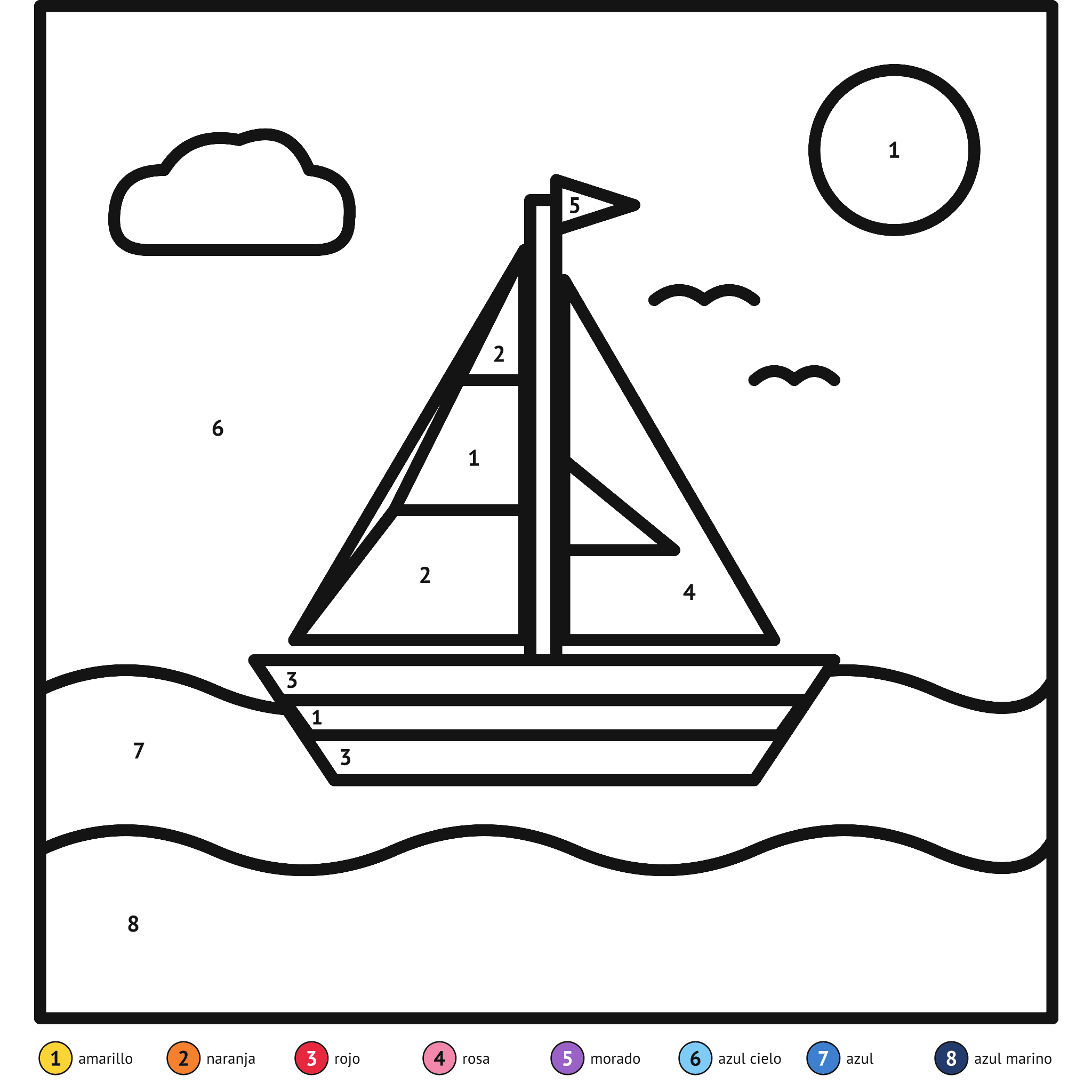 Ficha para colorear por números, el barco: zonas numeradas y leyenda de colores