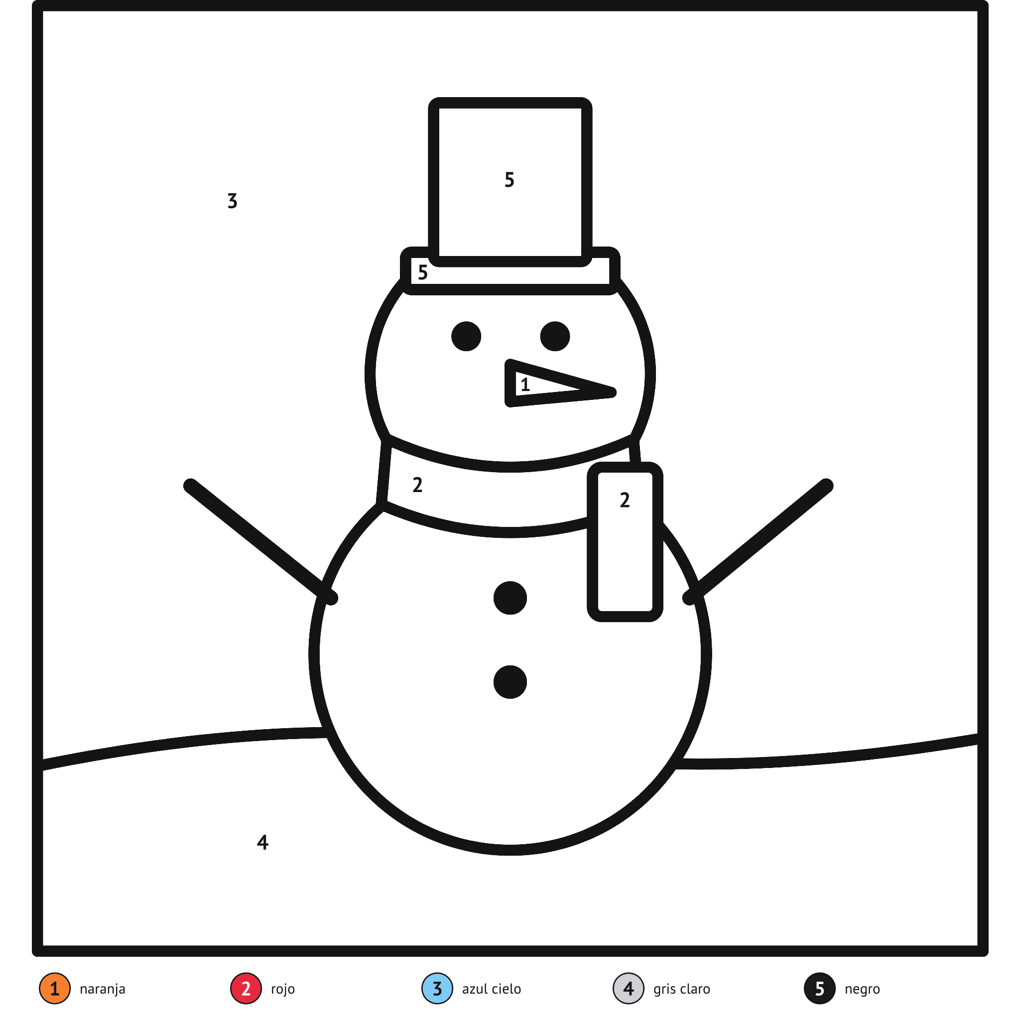 Ficha para colorear por números, el muñeco de nieve: zonas numeradas y leyenda de colores