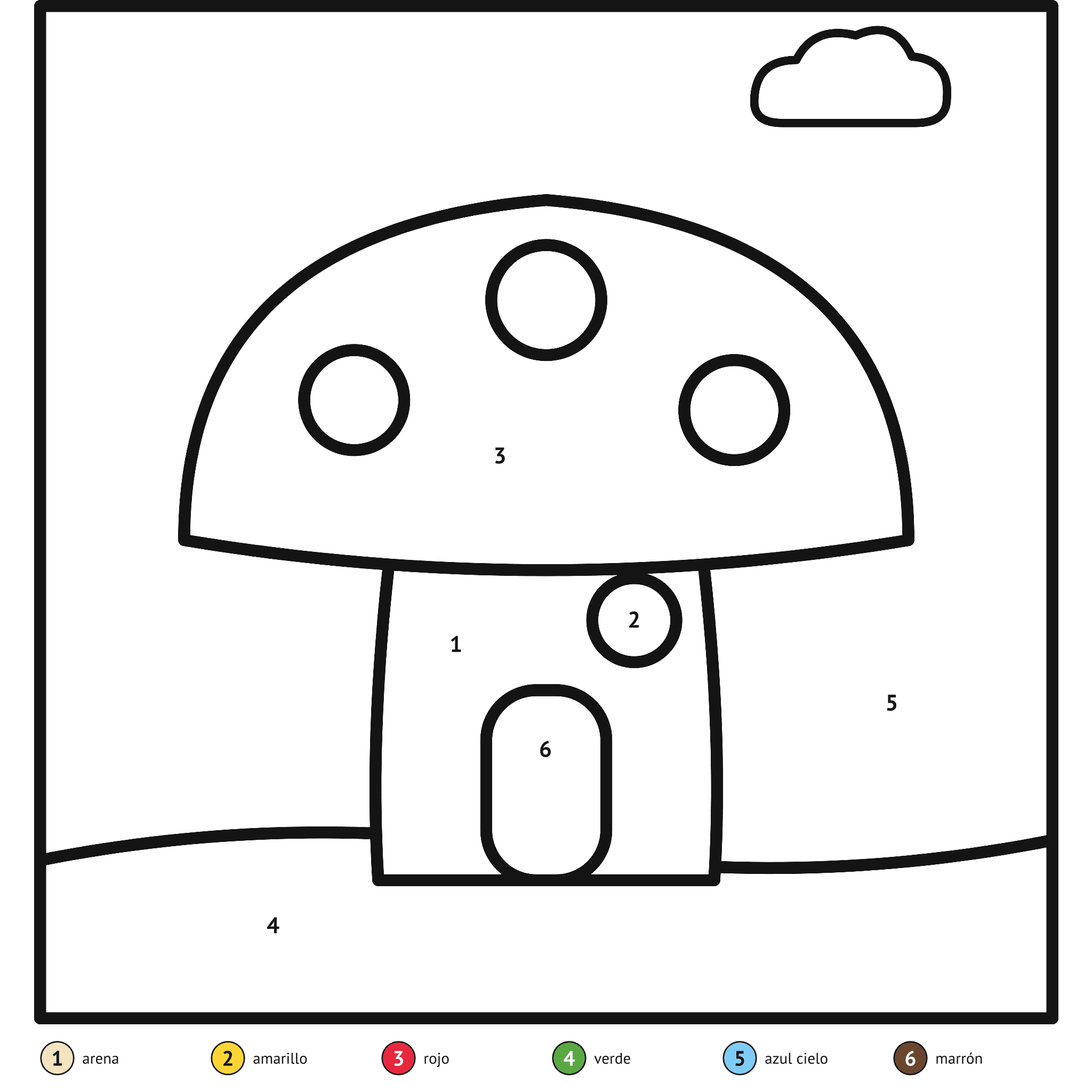 Ficha para colorear por números, el hongo: zonas numeradas y leyenda de colores