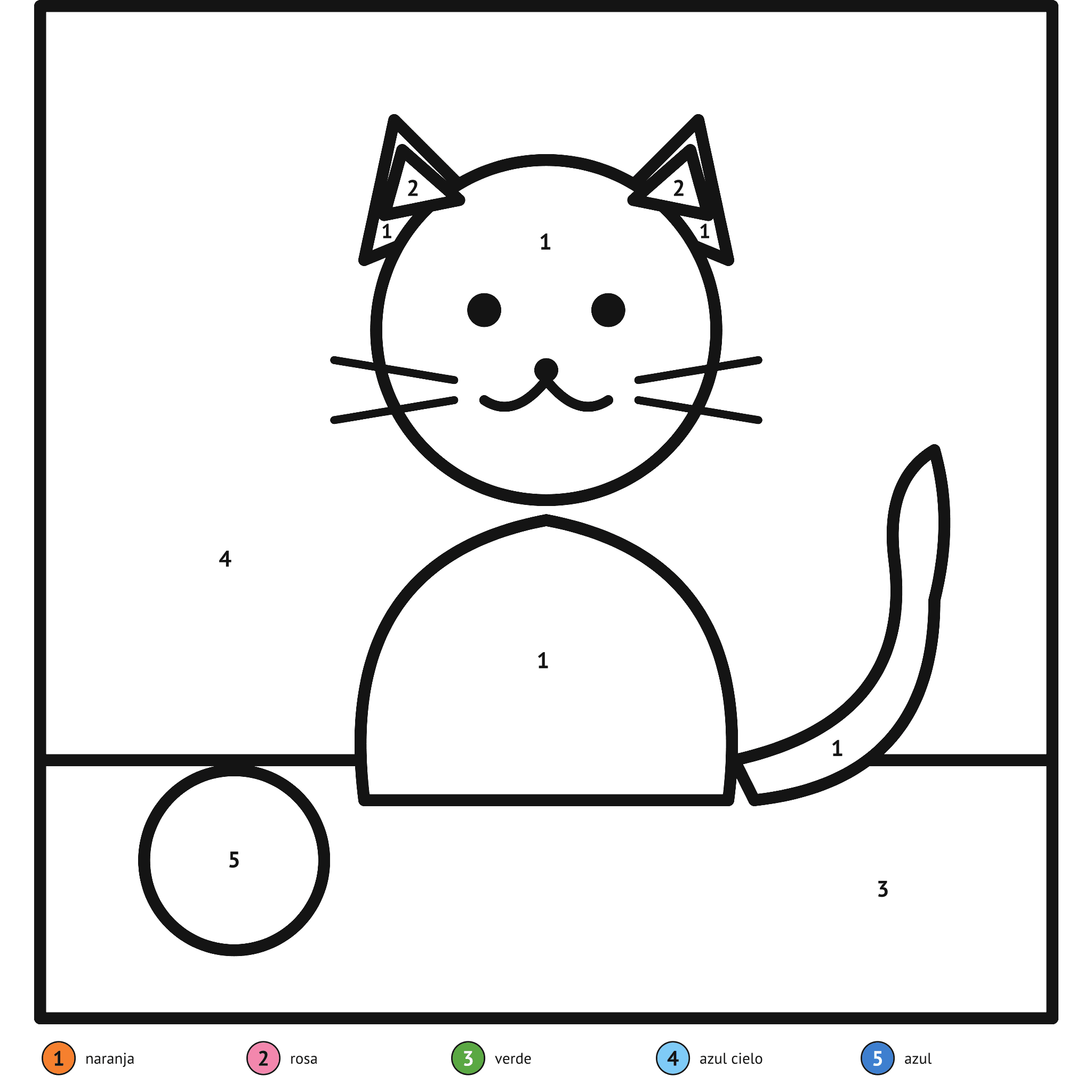 Ficha para colorear por números, el gato: zonas numeradas y leyenda de colores