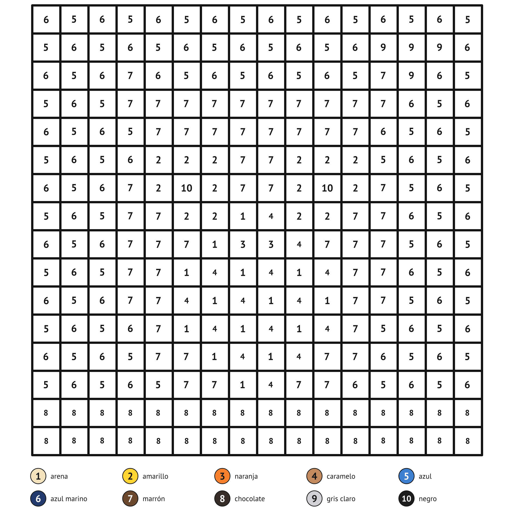 Ficha para colorear por números, la lechuza: zonas numeradas y leyenda de colores