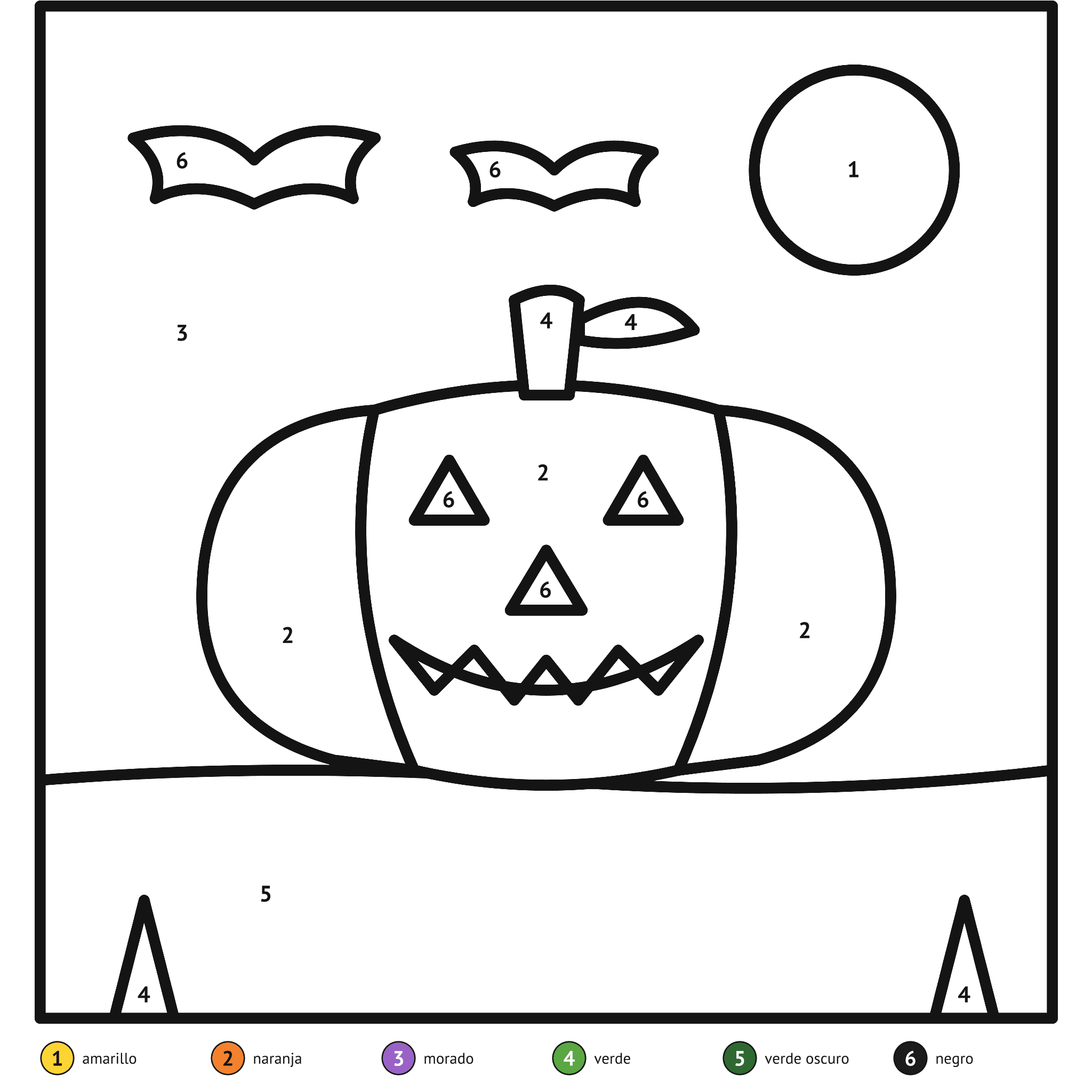 Ficha para colorear por números, la calabaza: zonas numeradas y leyenda de colores