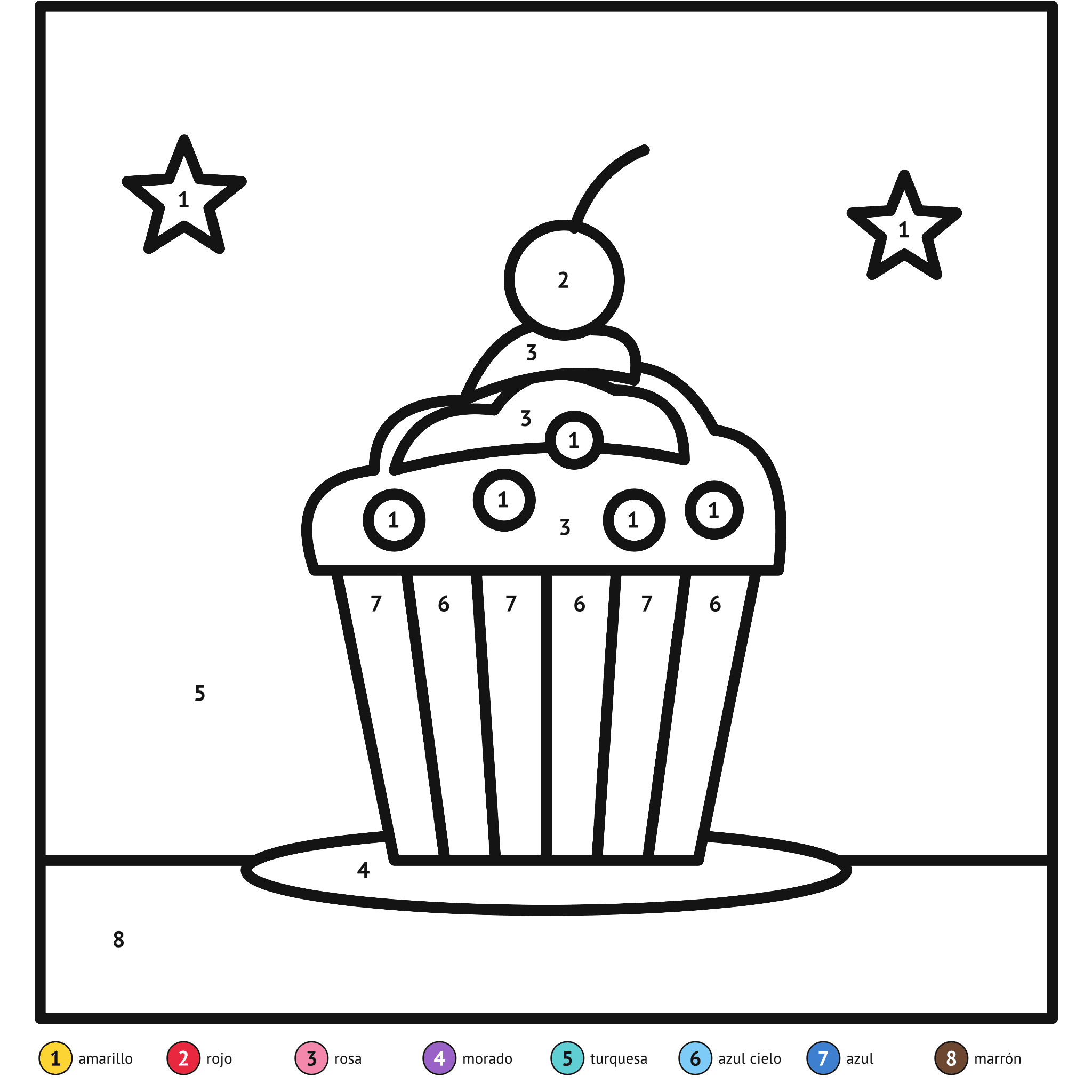 Ficha para colorear por números, el cupcake: zonas numeradas y leyenda de colores