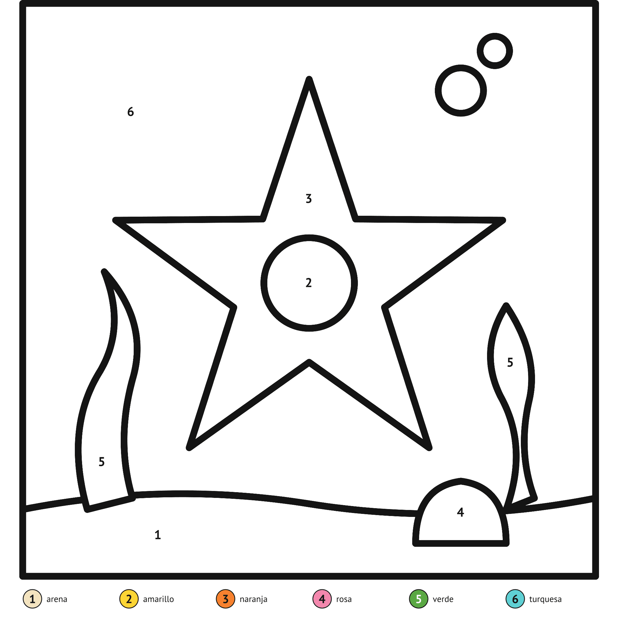 Ficha para colorear por números, la estrella de mar: zonas numeradas y leyenda de colores