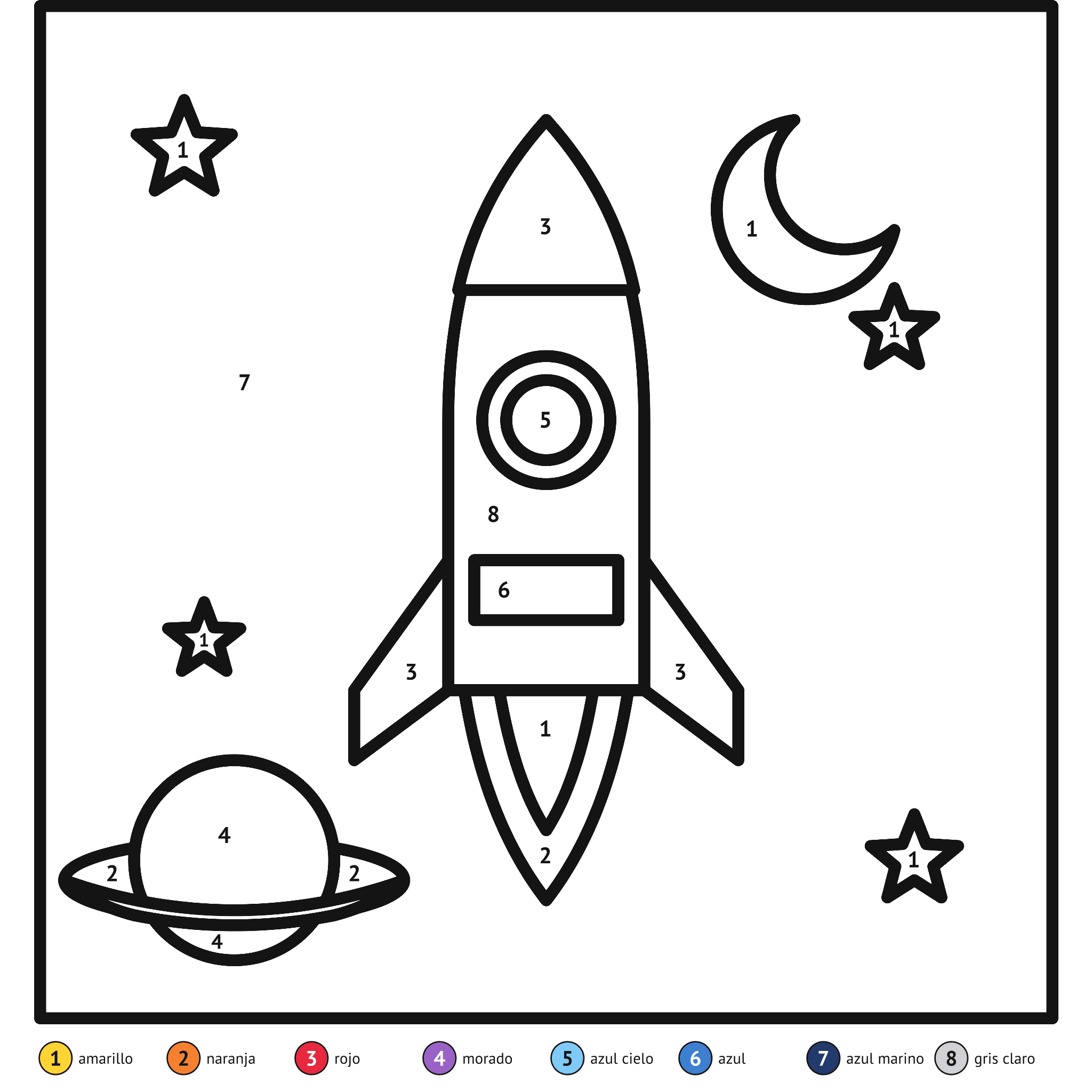 Ficha para colorear por números, el cohete: zonas numeradas y leyenda de colores