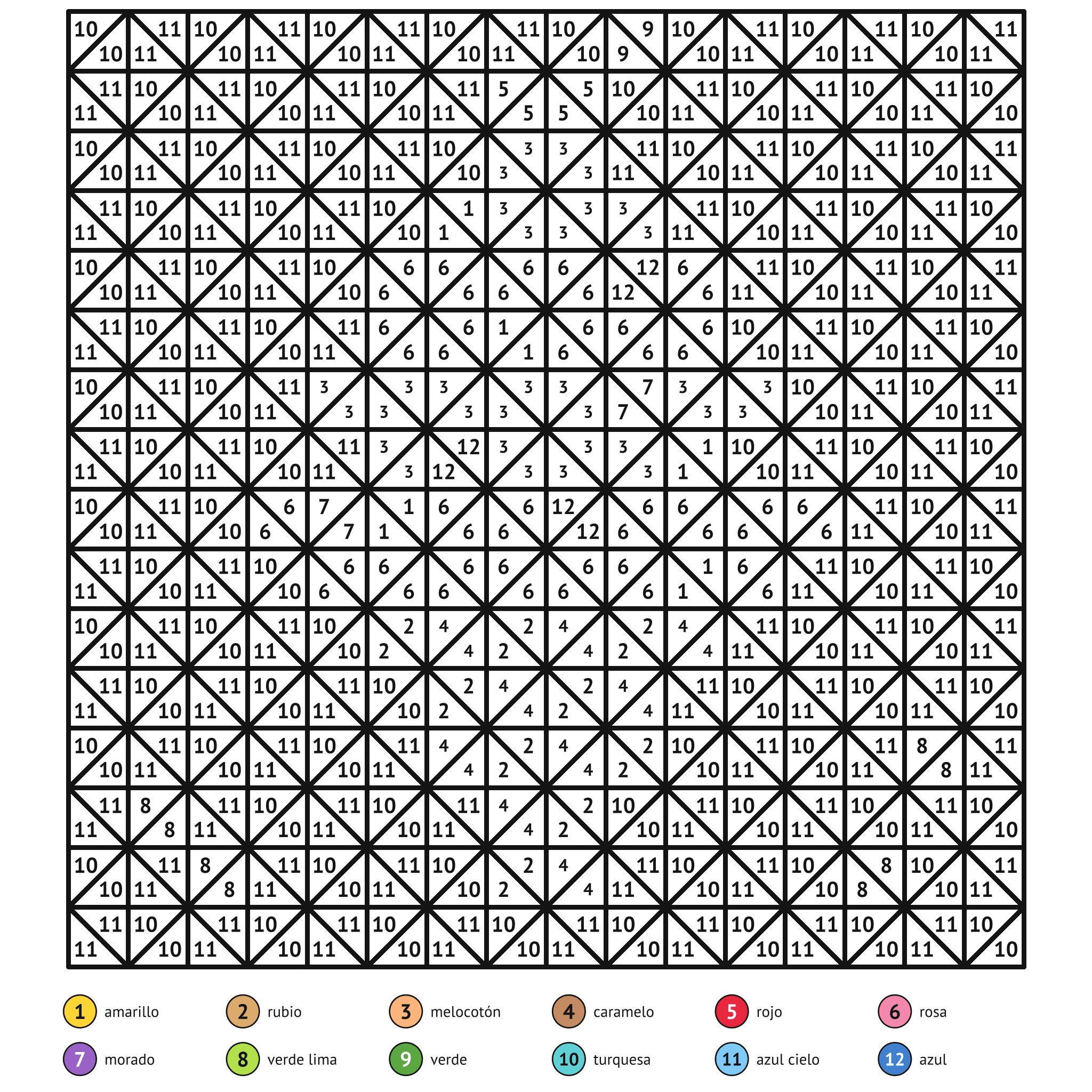 Ficha para colorear por números, el cucurucho: zonas numeradas y leyenda de colores